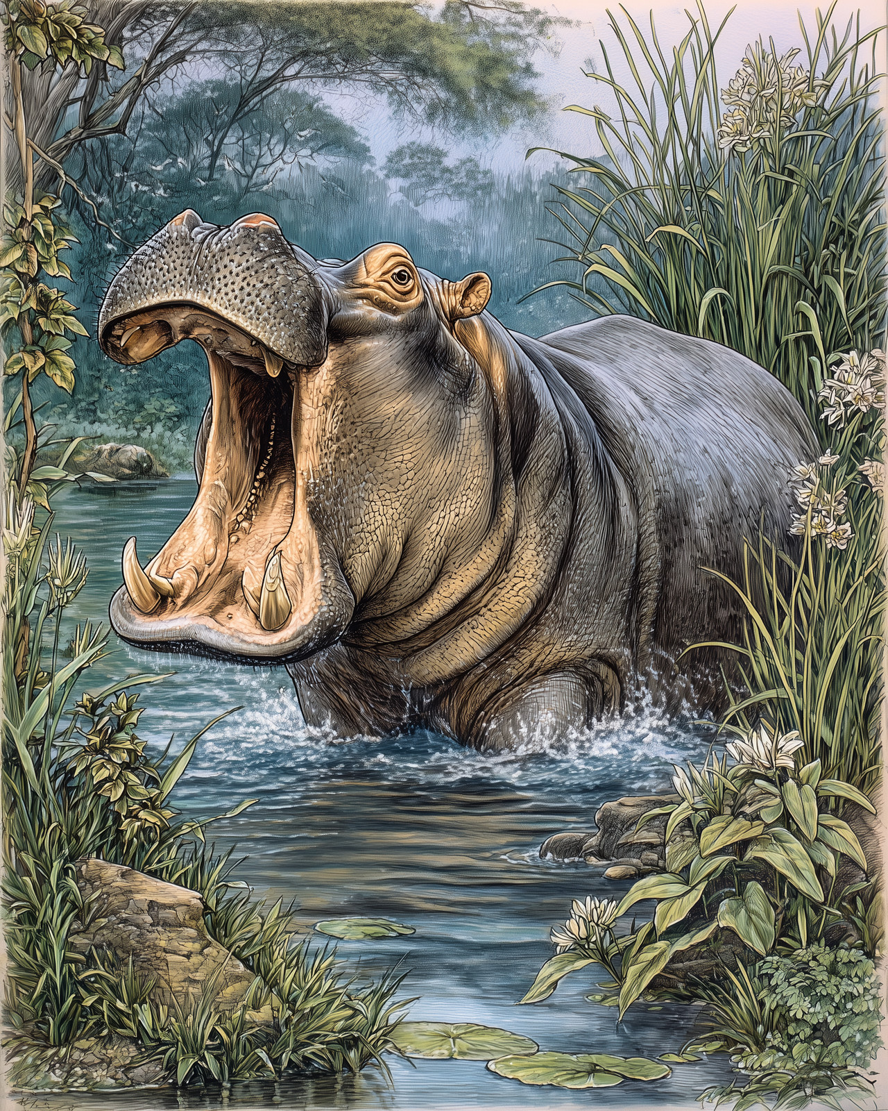 8×10 Hippo Yawning in River Wetlands Wildlife Art Print – 110110174