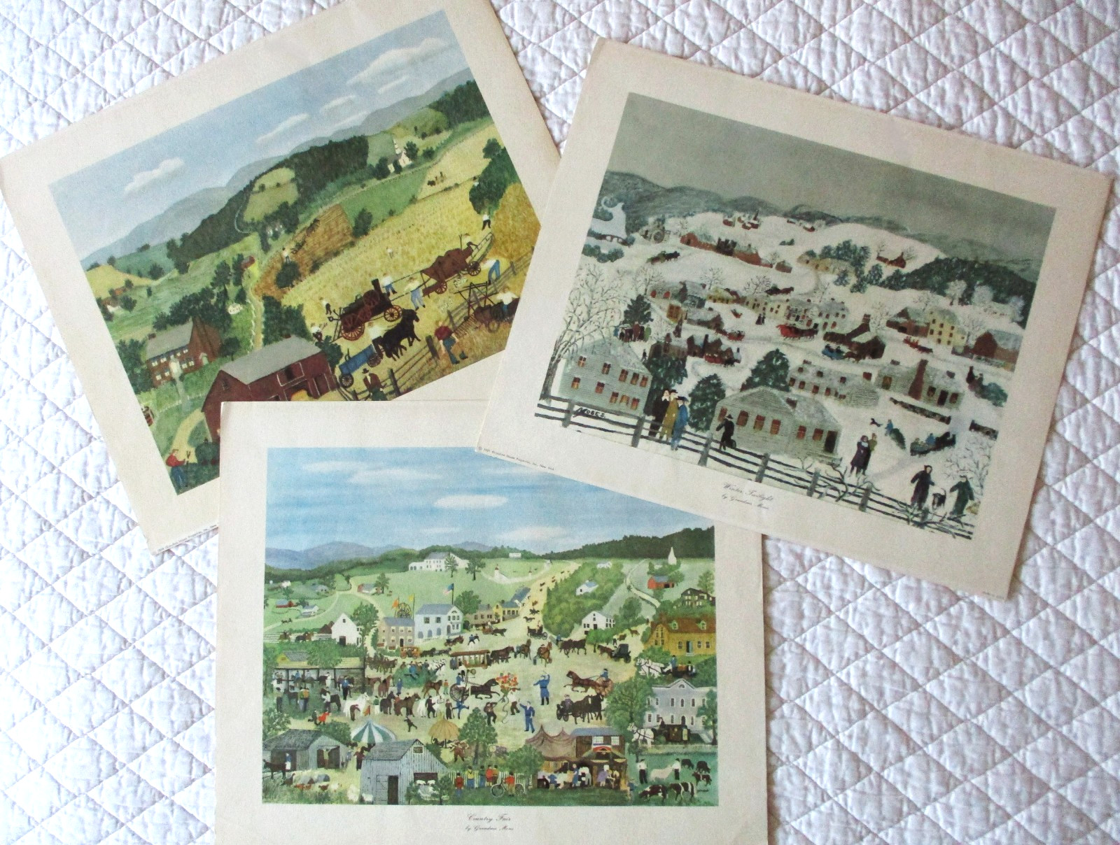 Vintage Grandma Moses Prints 1950’s Winter Twilight Thrashers Etc 17×14 NY Lot