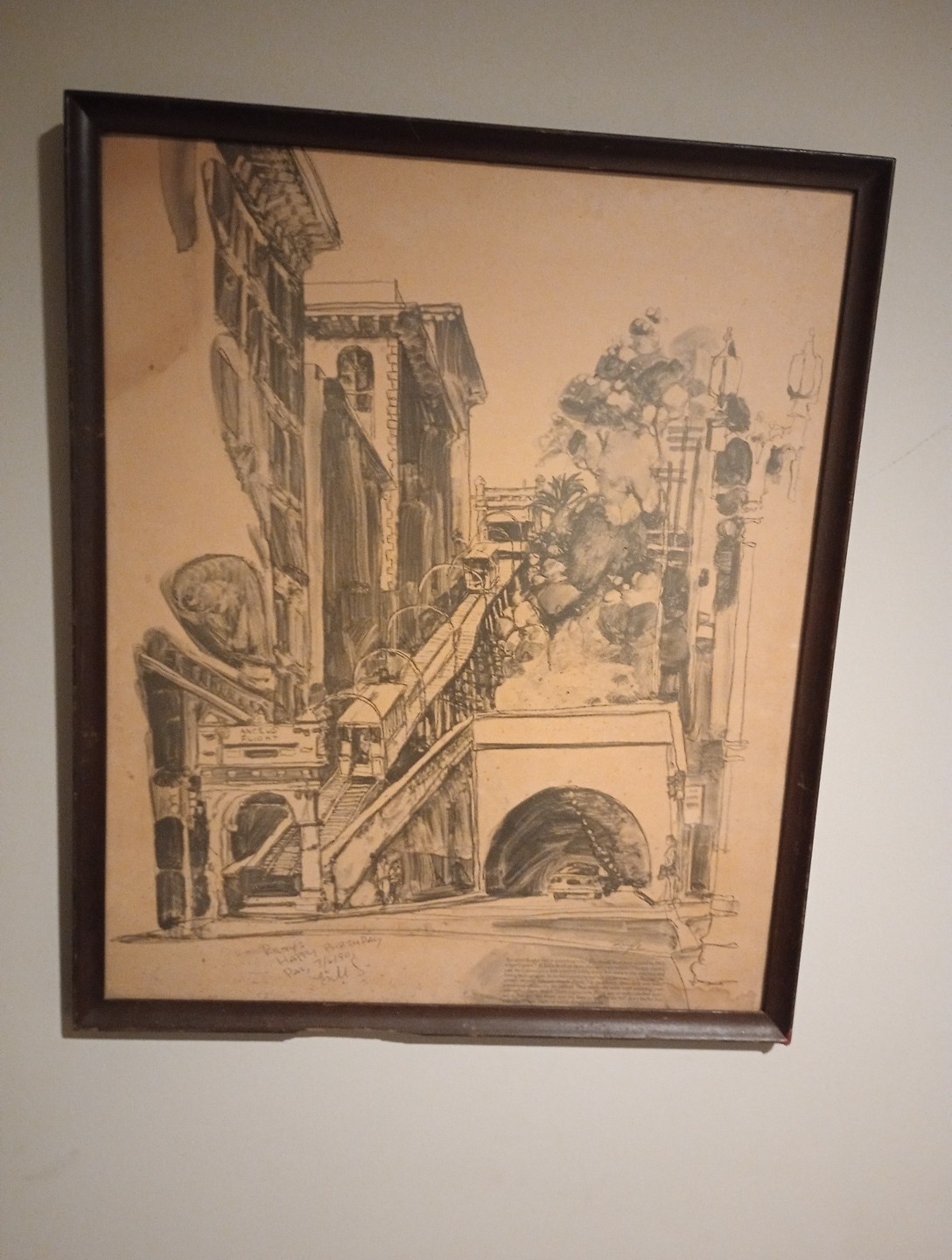 Print of A Drawling of The Angels Flight Cars In Las Angeles California Framed