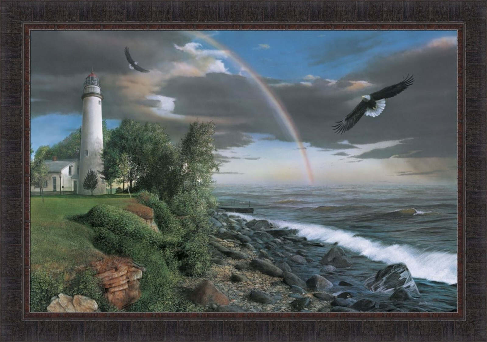 POWER AND COURAGE Kevin Daniel 28×40 Eagles Lighthouse Rainbow FRAMED WALL ART