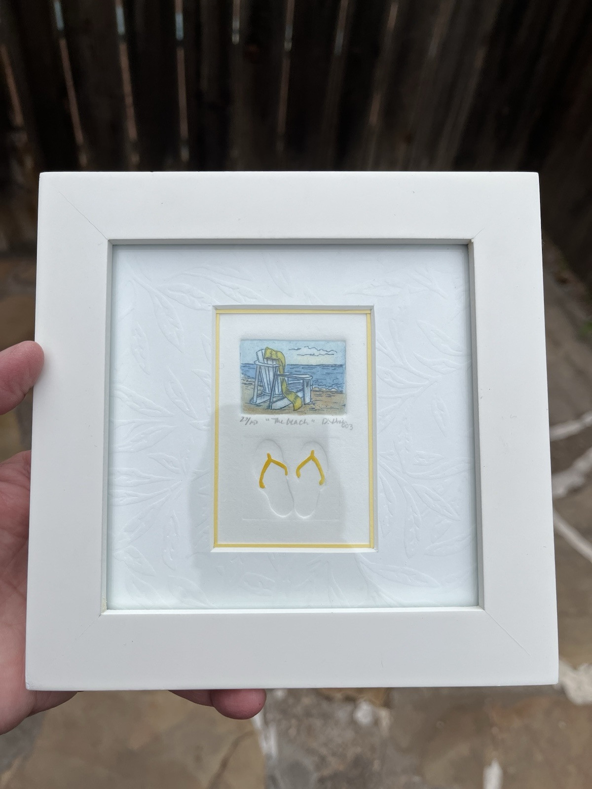 Original Hand Colored Etching And Embossing Of A Beach Scene