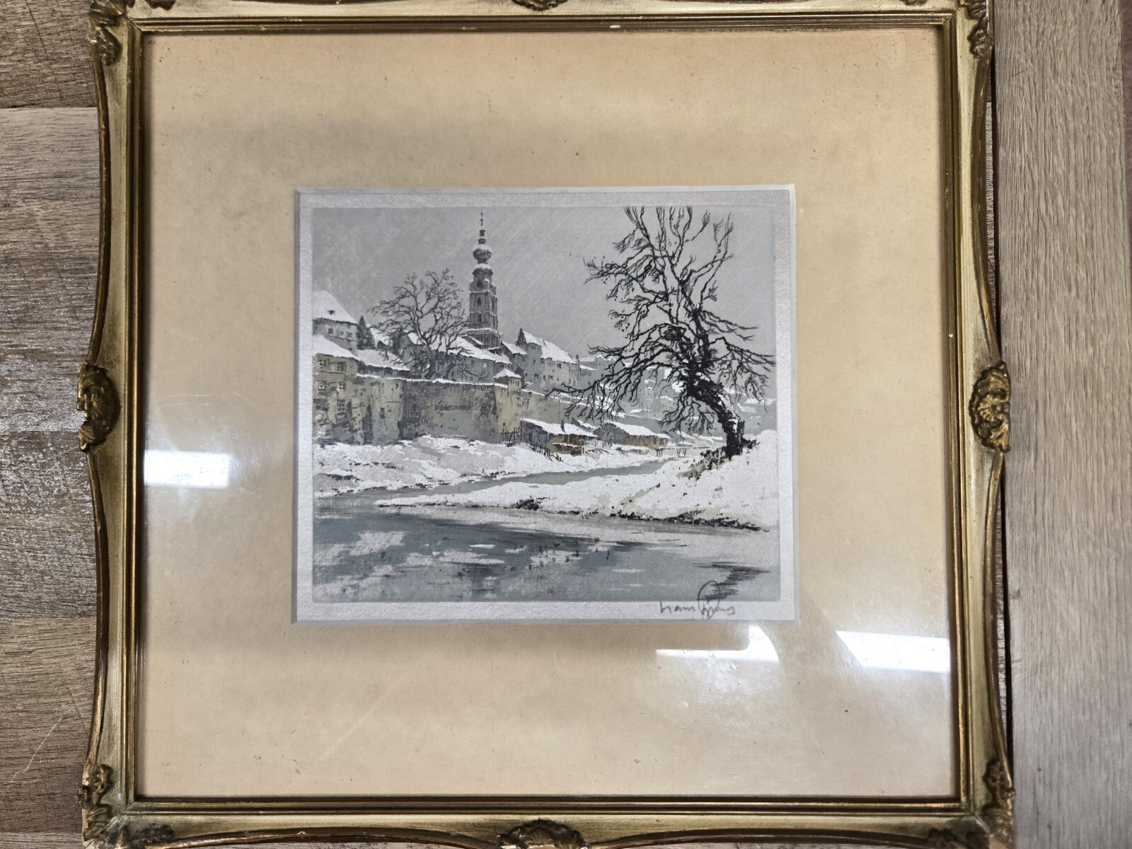 HANS FIGURA SIGNED ETCHING ON SILK OF BRAUNAU AM INN ACTUAL SIZE 7″X6″ FRAMED
