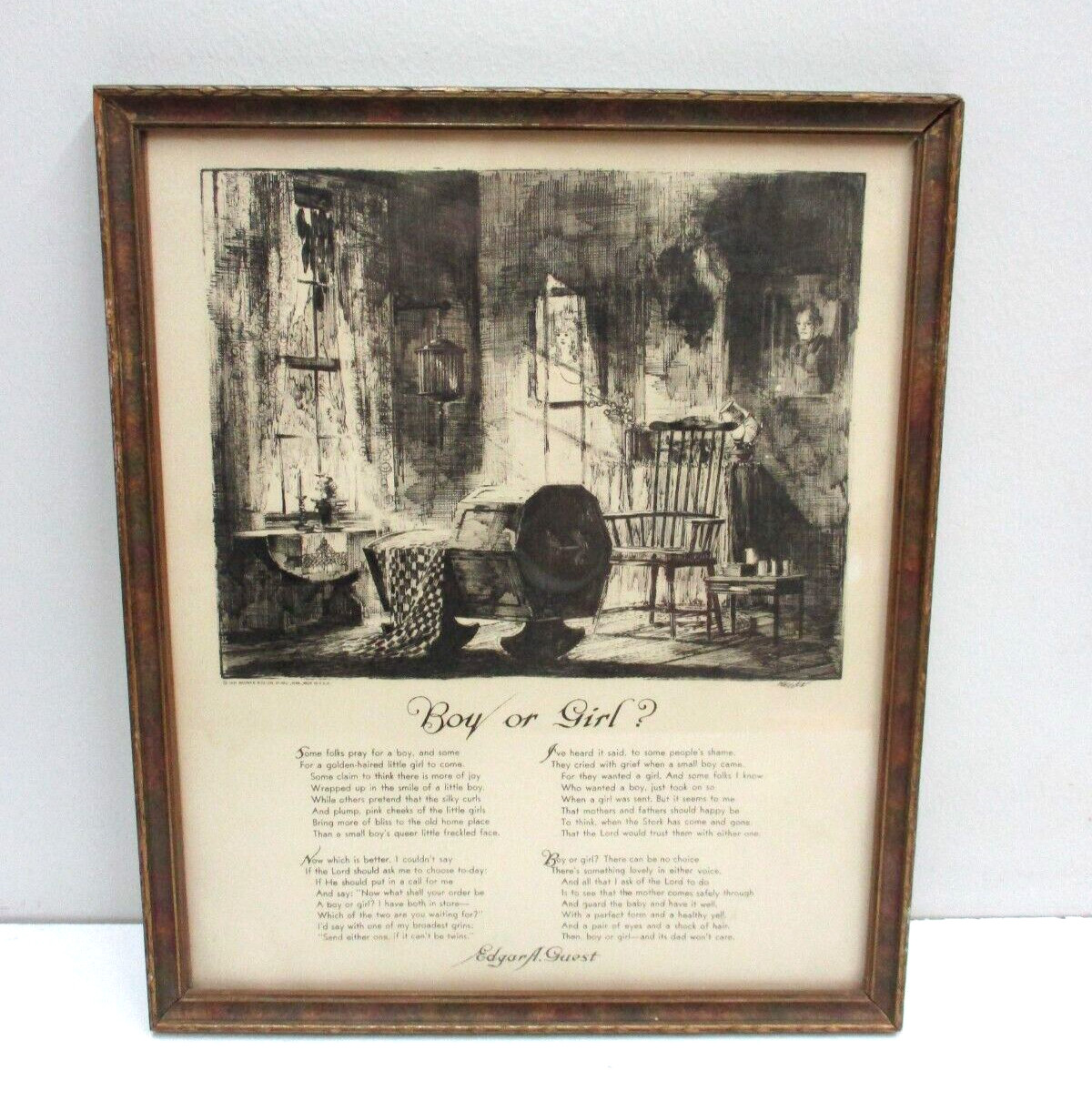 Vtg Framed Poem Boy Or Girl Edgar A. Guest Brown Bigelow 1931 by Artist MEITEL