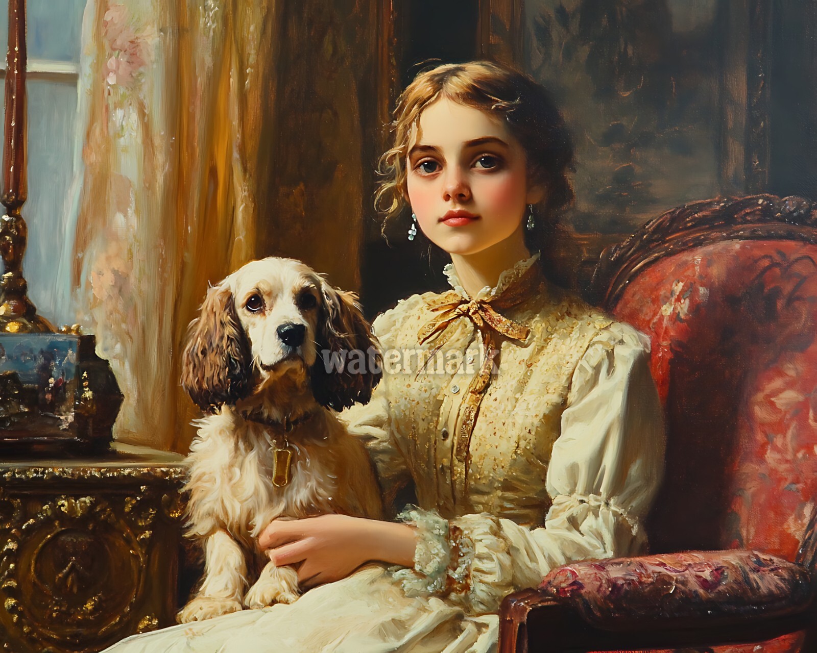 Victorian girl with a Cocker Spaniel in the parlor Oil Painting 8×10 Print