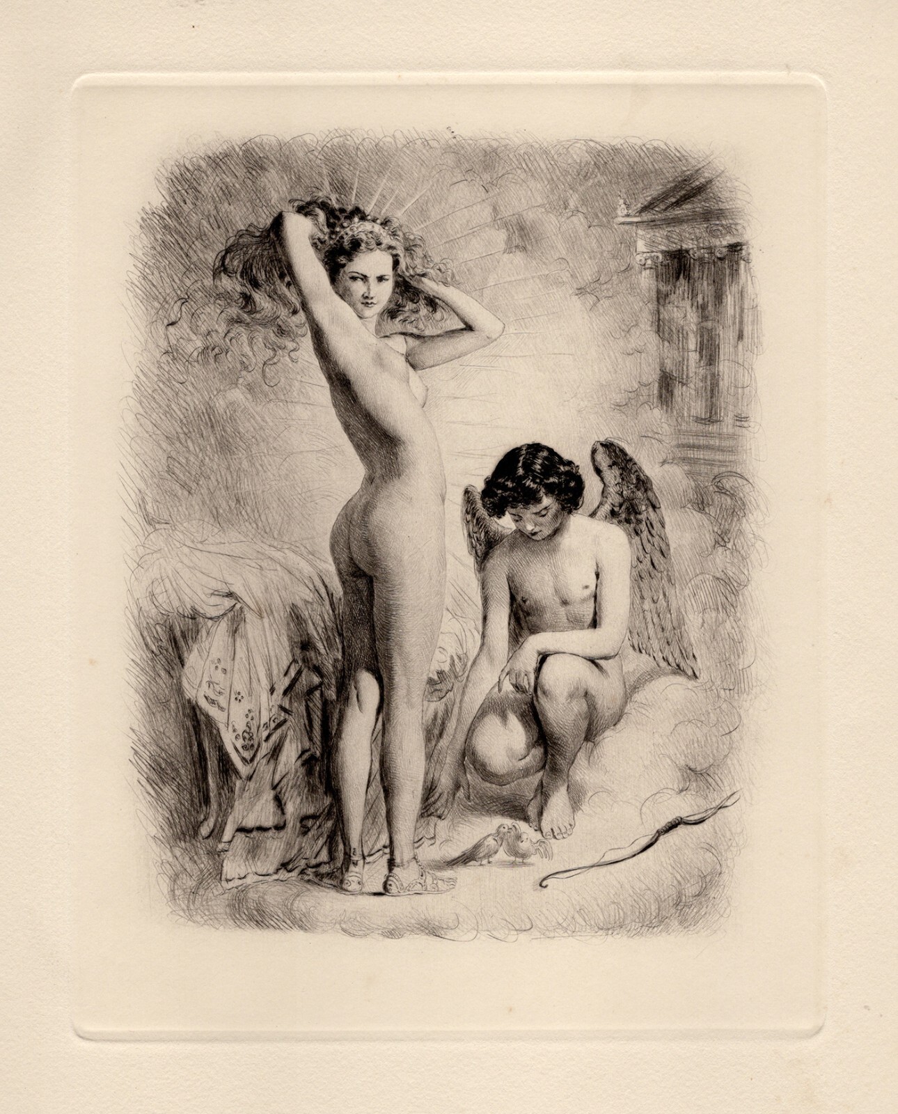 LIMITED 1955 Paul-Emile Becat ORIGINAL Nude Etching Psyche & Cupid FRAMED COA