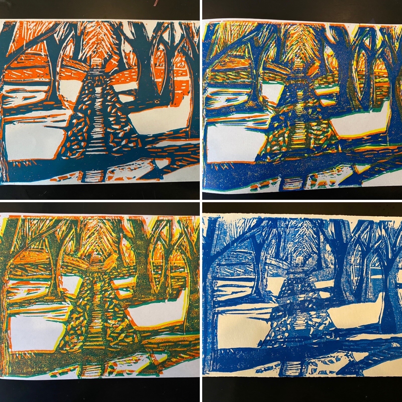 Multi-color linocut print set of four, 5 x 7″ each