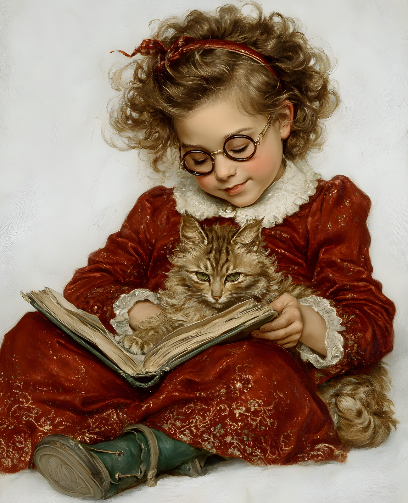8×10 Little Girl Reading a Book with Cat Art Print – 609238369