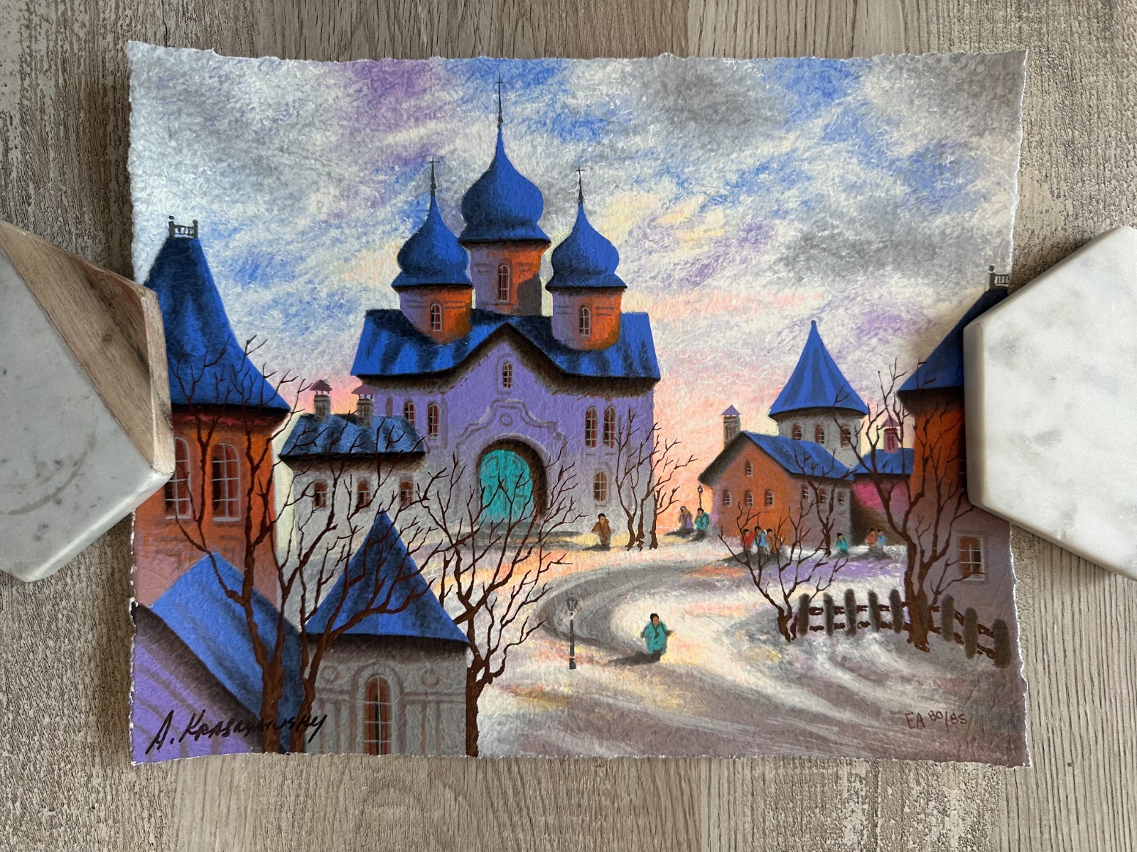 Art Anatole Krasnyansky – Sunset Old Church in the Villa – 8 7/8″x11 1/8″