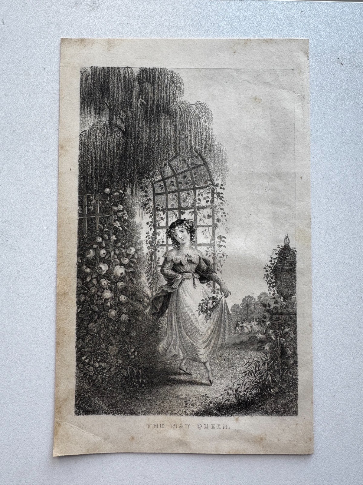 Antique 19th Century Engraving The May Queen by W. E. Tucker 8.2 x 5 w/Love Note