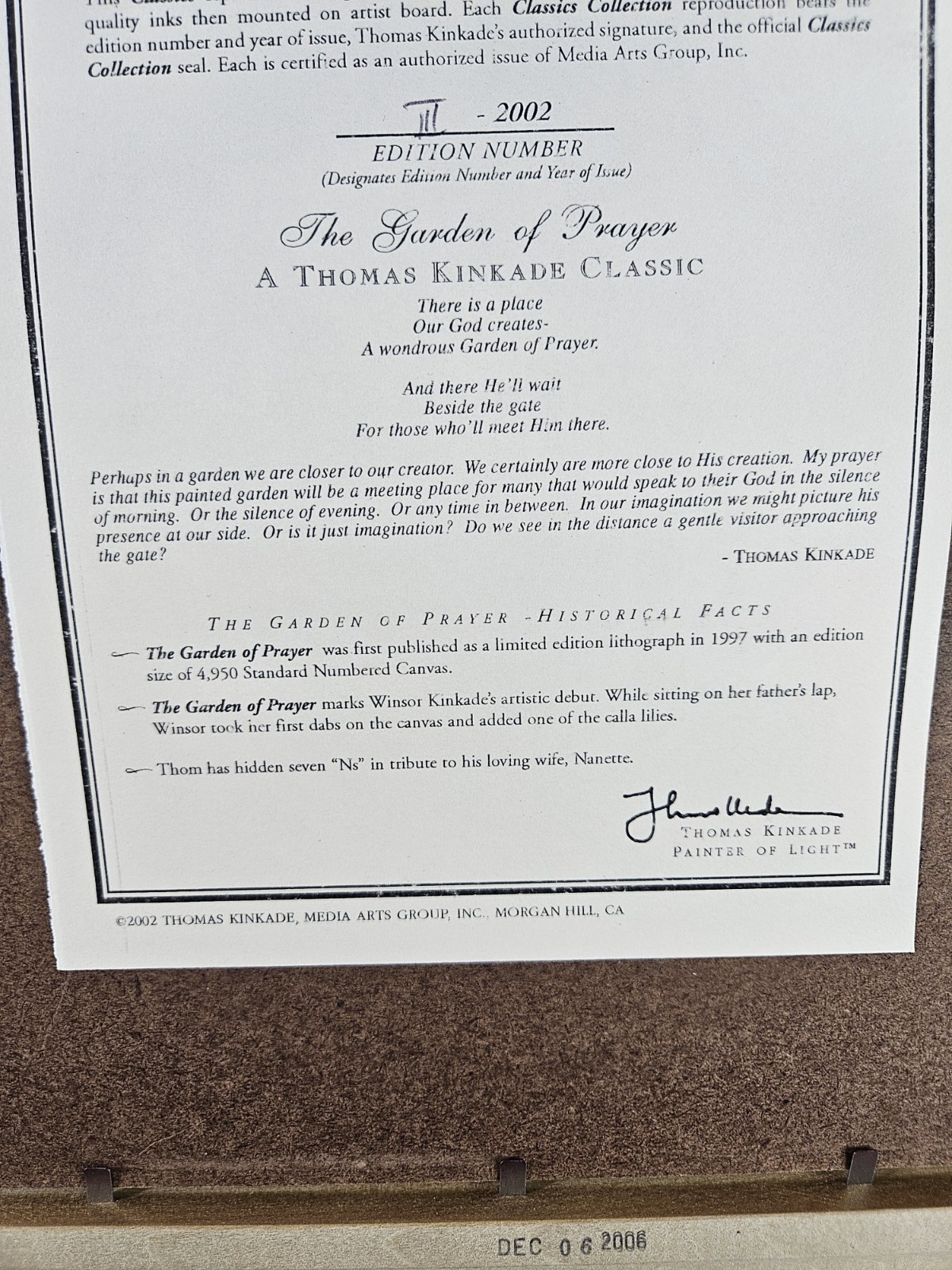 Thomas Kinkade The Garden of Prayer 21.5″ x 17.25″ COA III 2002 Edition
