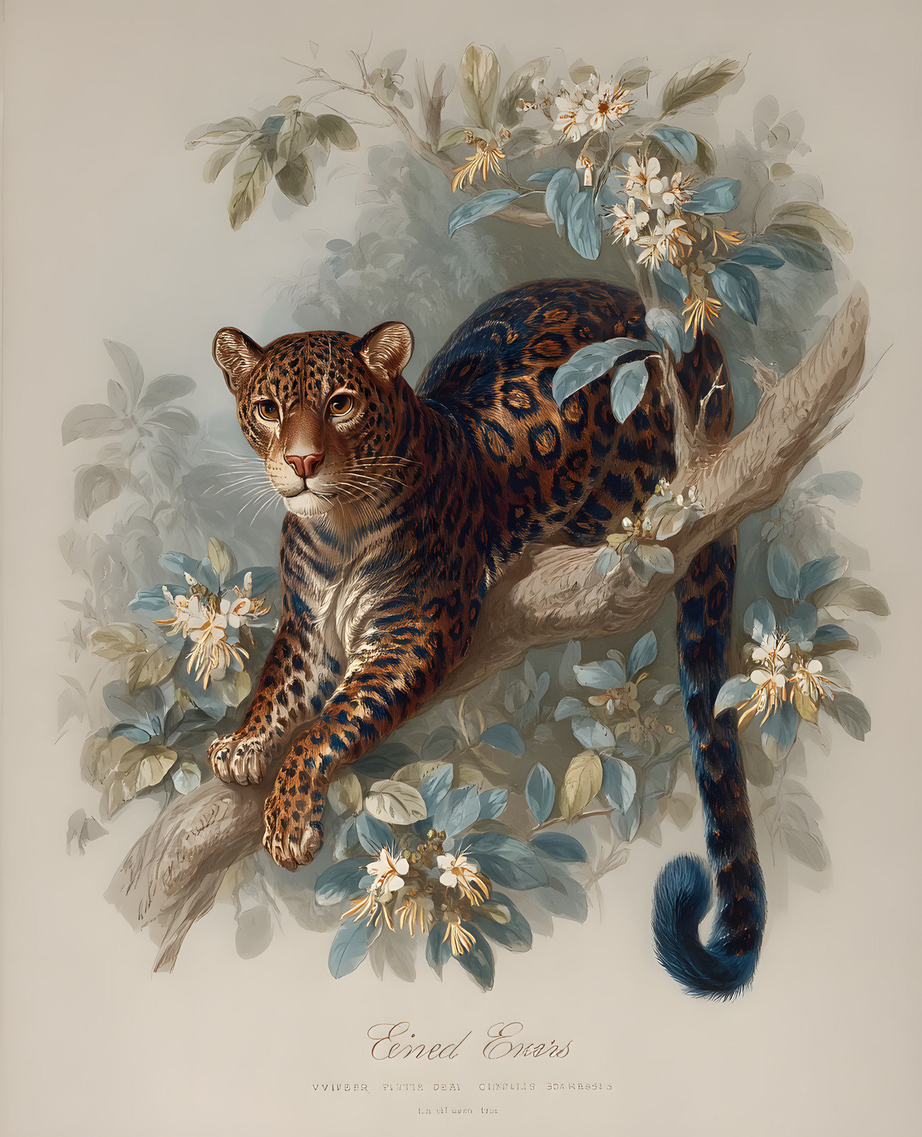 Leopard Stretched Along a Flowering Branch Print – 308028247