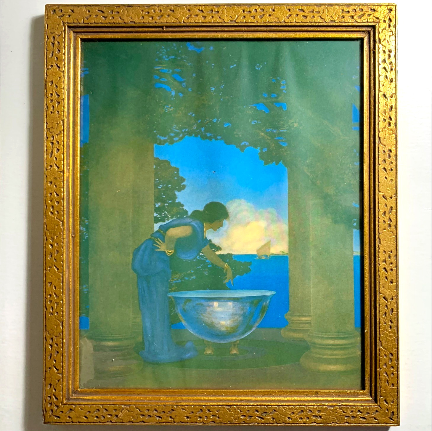 Maxfield Parrish Circe’s Palace Print in Gold Leaf Frame Ornate Wood Floral