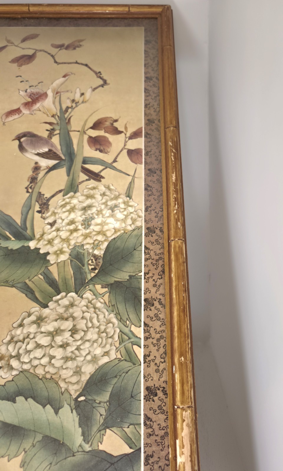 Vintage Chinoiserie Asian Bird & Floral Print Faux Bamboo Wood Frame 15.5”x27.5”