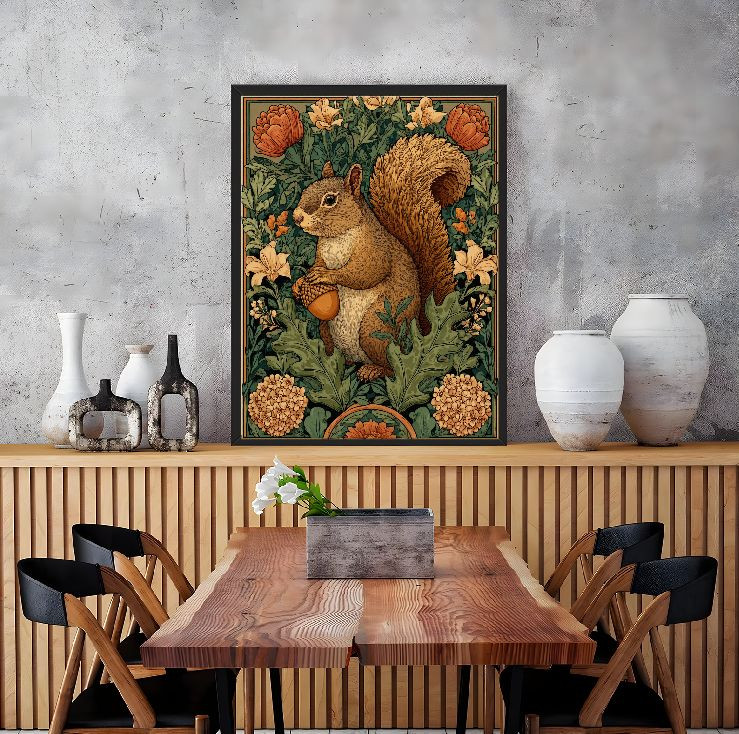 Vintage Arts and Crafts Squirrel Floral Framed Wall Art Botanical Decor