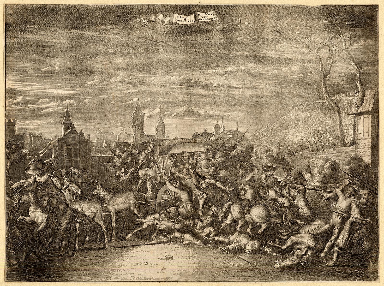 Antique Master Print-CAPTURE-PRINCE WILHELM VON FURSTENBERG-NIGHT-De Hooghe-1674