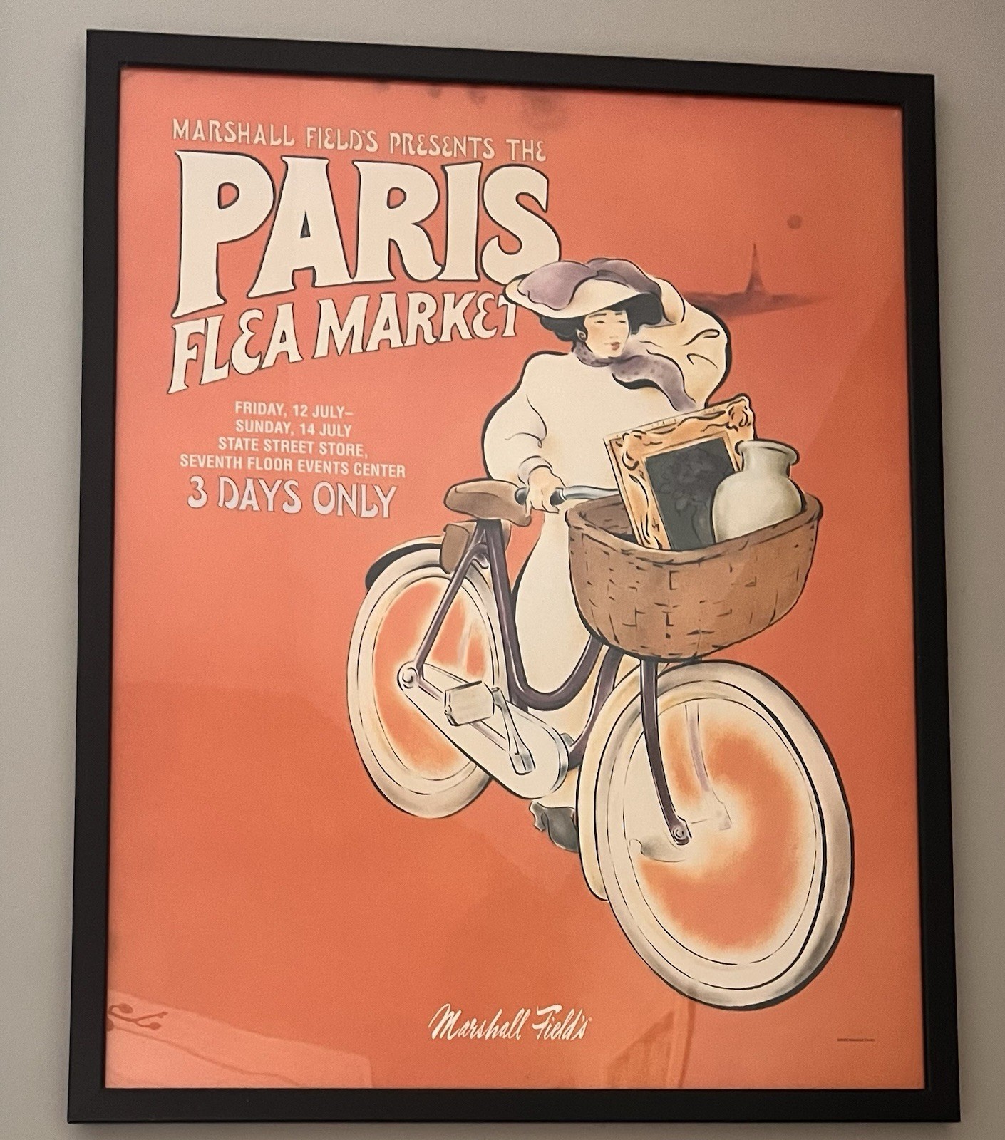 Marshall Field’s Vintage Paris Flea Market Country Art Bicycle Poster- New 22×28