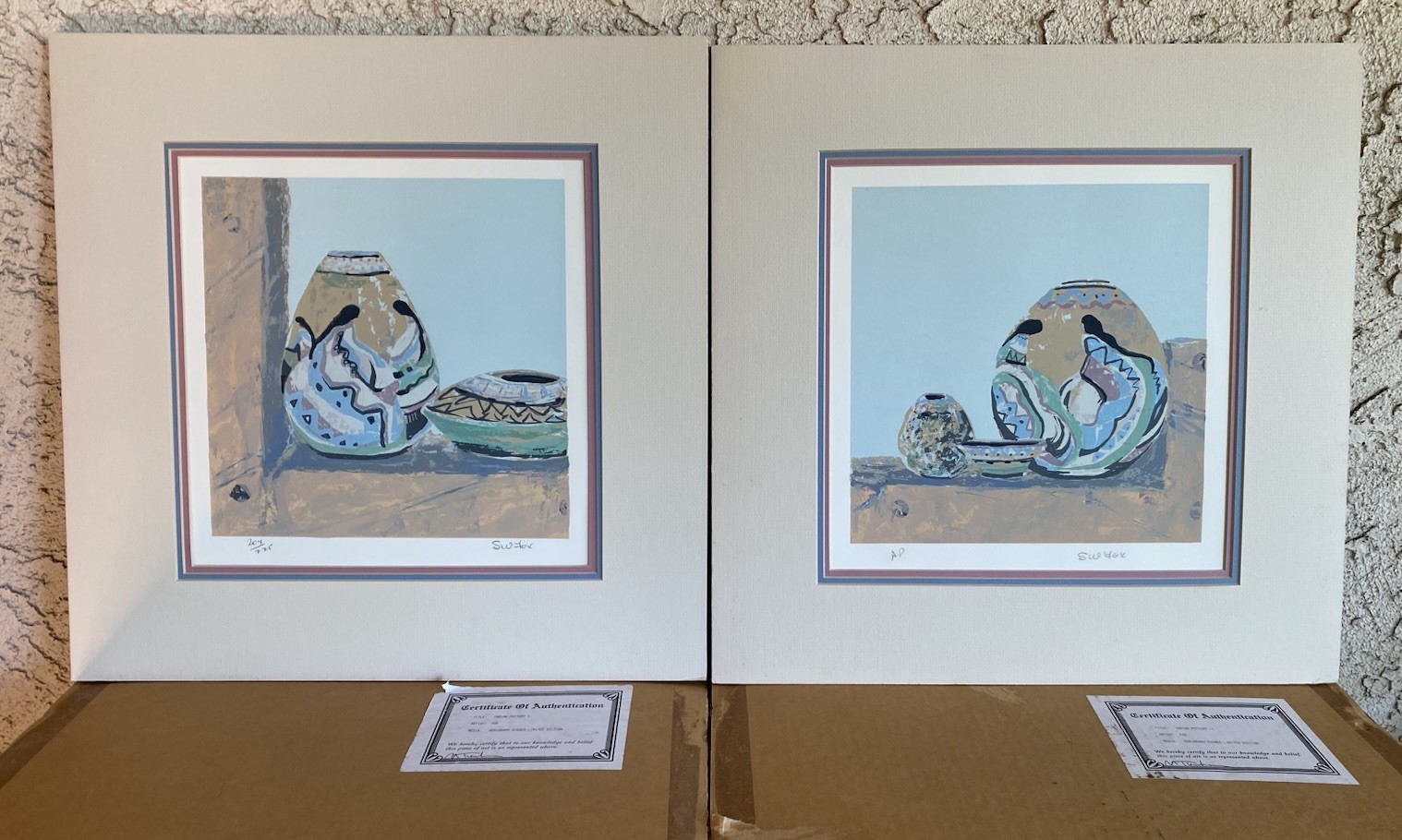 2 – Sue Fox Signed Serigraphs Indian Pottery I & II 18in x 18in Incl COAs