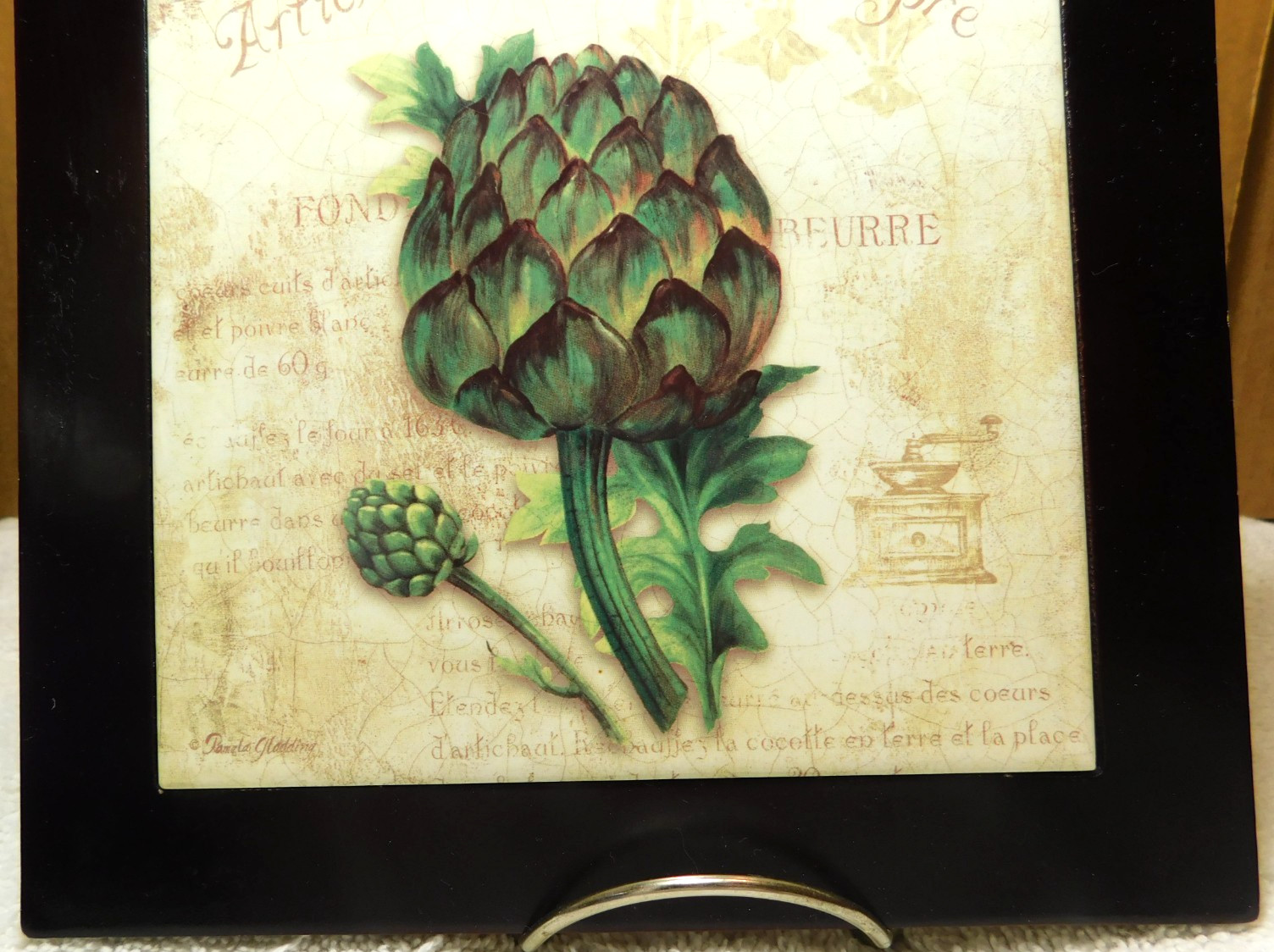 Unbranded~Framed Ceramic Plate/ Trivet Artichoke In Wood Frame Written In French
