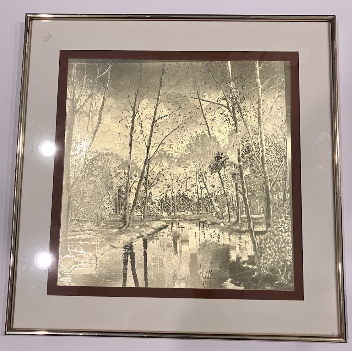 Vintage Manifestations J. Hardelin Gold Forest Pond Optical Illusion Art Framed