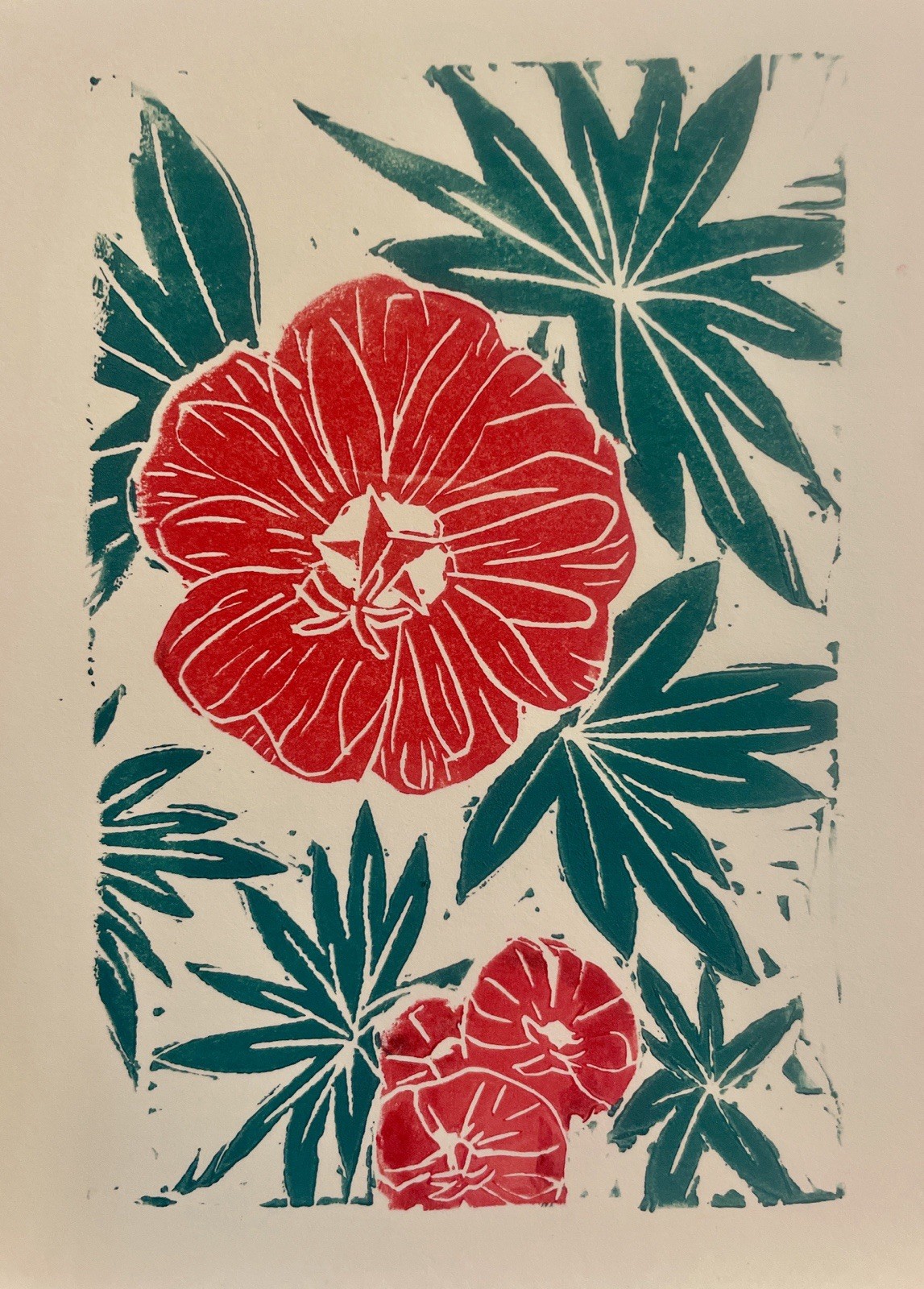Red Hibiscus Linocut Print | Original Handmade Tropical Floral Artwork
