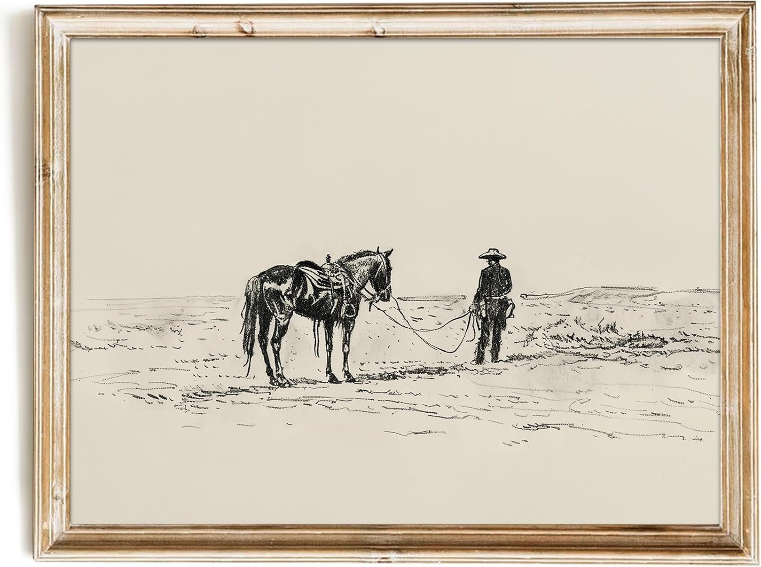 Vintage Cowboy and Horse Wall Art, Neutral Cowboy and Horse Sketch Canvas Prints
