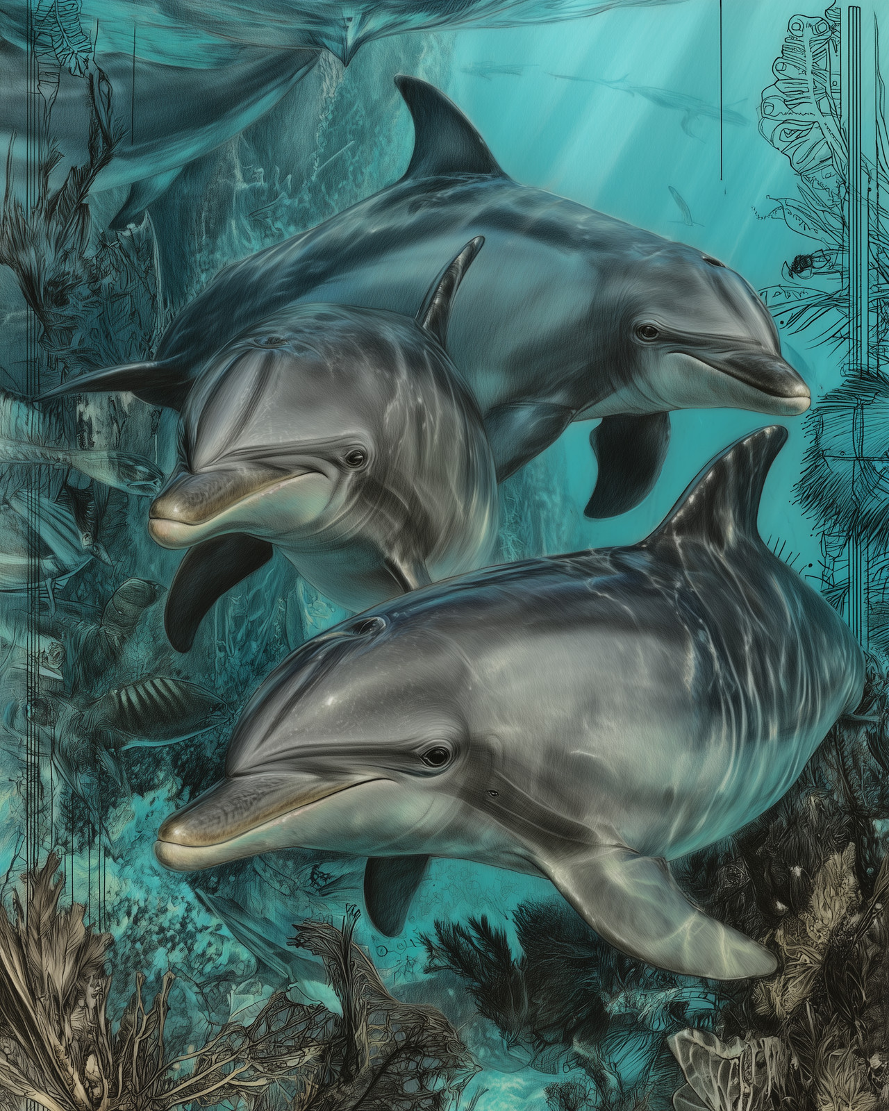 8×10 Dolphins Swimming Underwater Illustration – 388558862