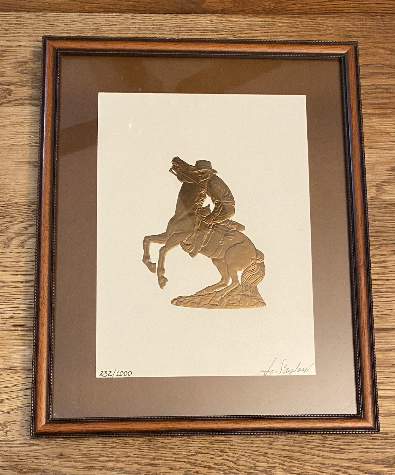 Jo Saylors Gold Embossed Limited Edition Signed Cowboy On Horse Print Framed