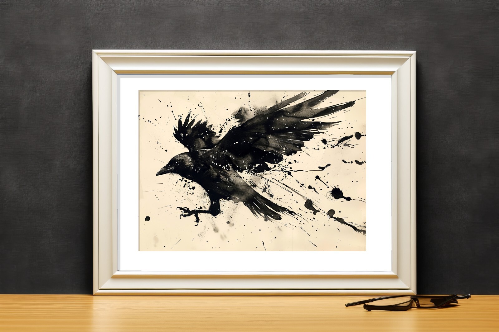 Dramatic Raven in Flight, Ink Painting Print 5″x7″ on Matte Paper