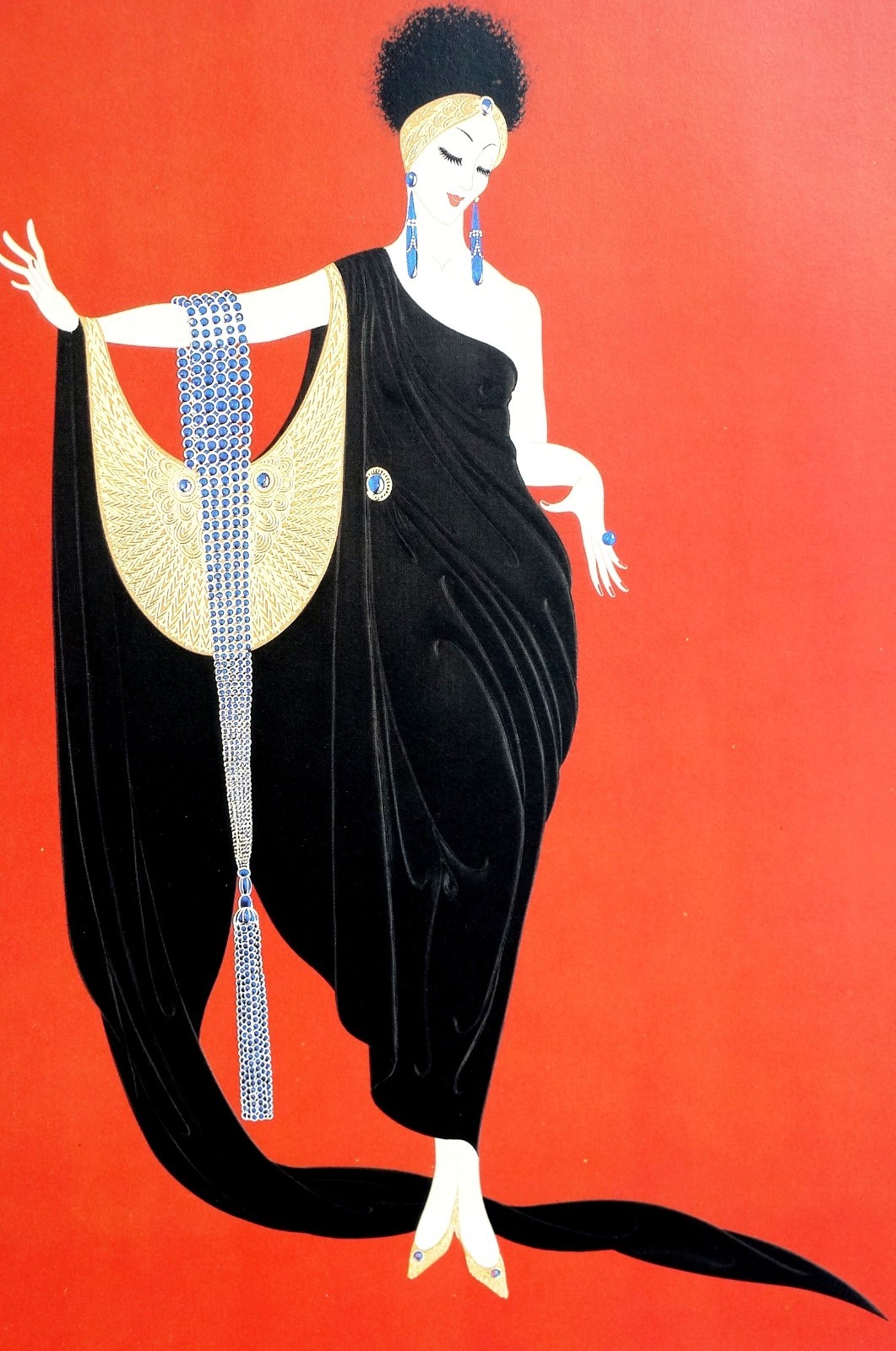 Erte 1987 GLAMOUR GLAMOROUS LADY in BLACK and GOLD GOWN Matted Art Deco Print
