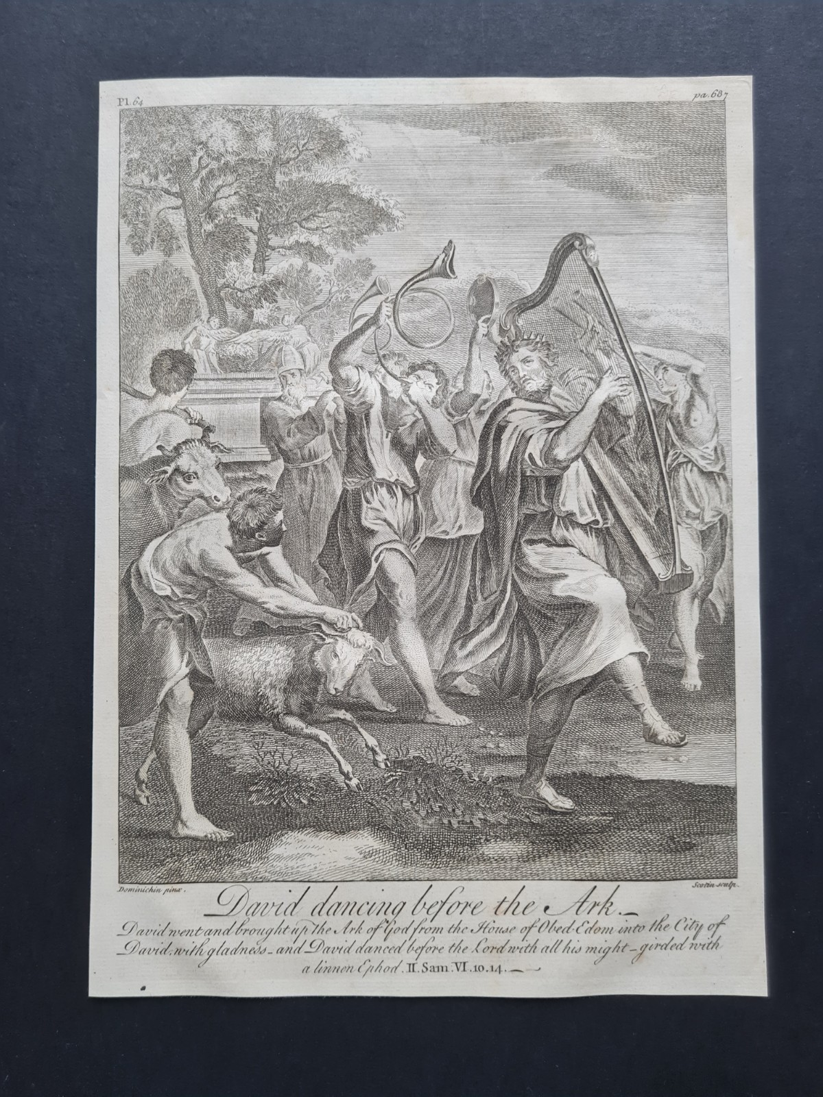 Antique c. 1750 bible print – 2 Samuel 6:10-14 David Dancing Before the Ark