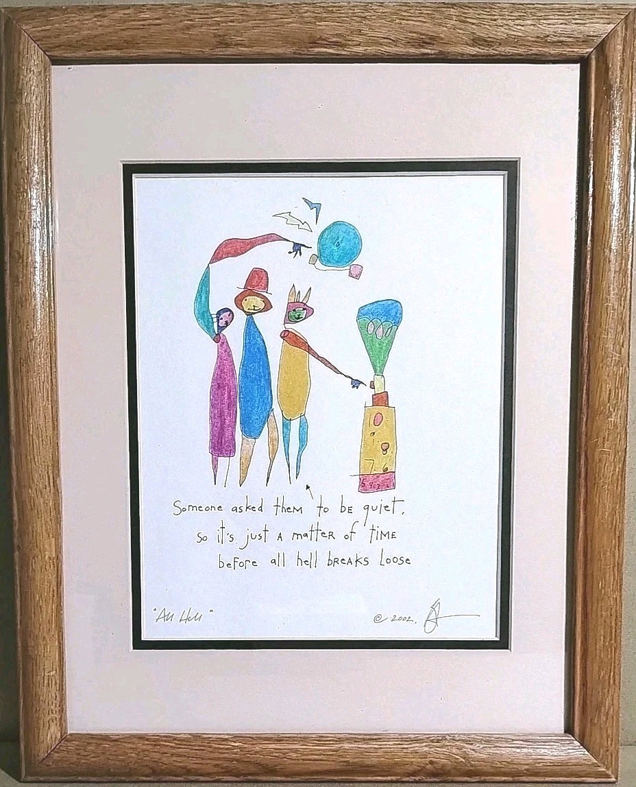 Brian Andreas Print – All Hell – With Whimsical Characters 2002 Frame 15X12 Wood