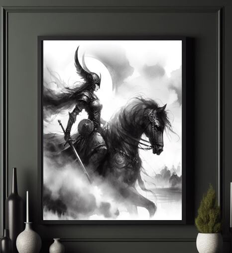 Valkyrie Warrior Viking Fantasy woman Horse Watercolor Painting print B&W art