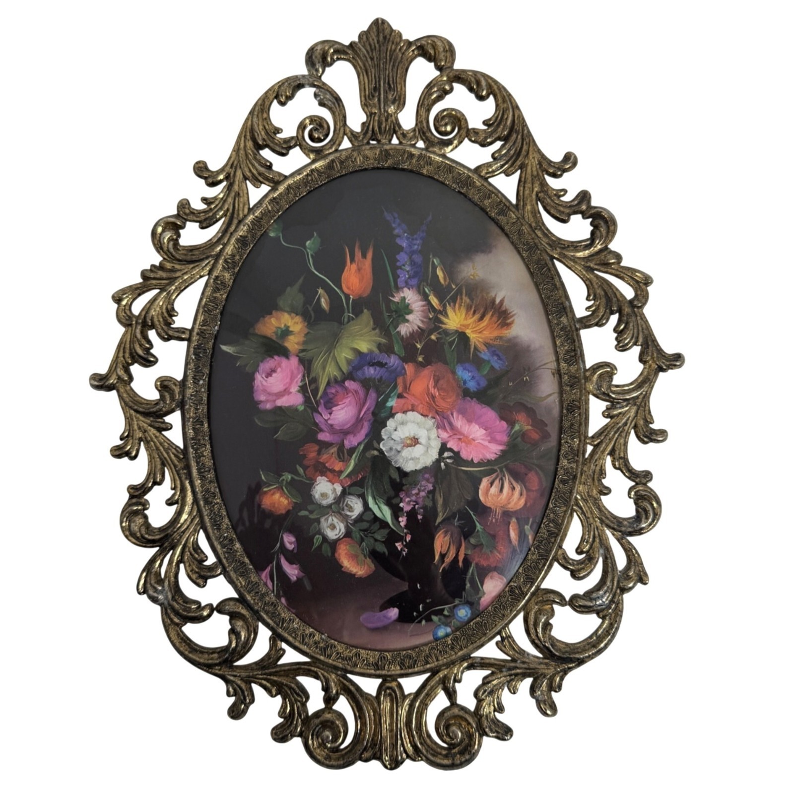 Vintage Ornate Gold Oval Frame Floral Print Baroque-Style Convex Bubble Glass