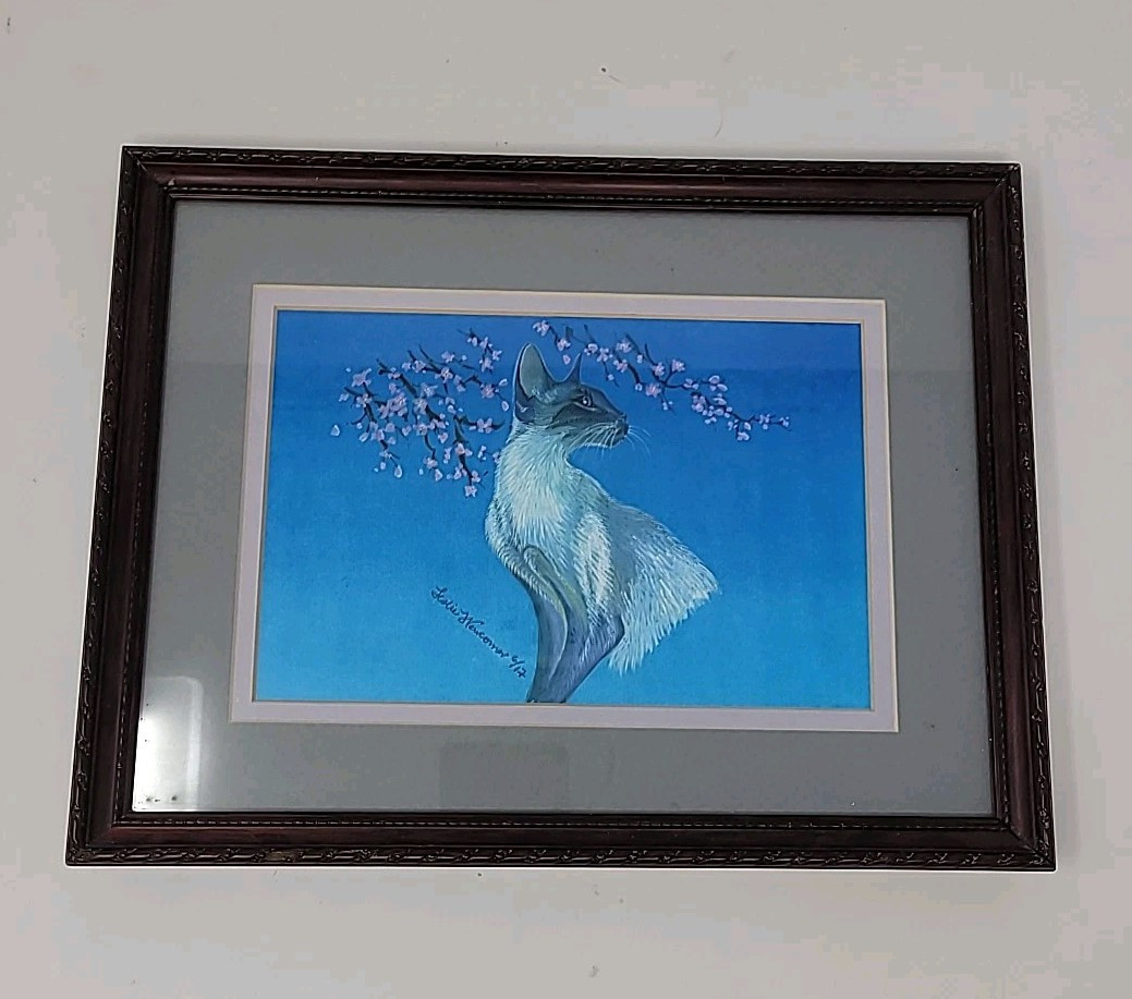 Leslie Newcomer Signed Print 6/17 Framed Matted Siamese Cat Cherry Blossoms