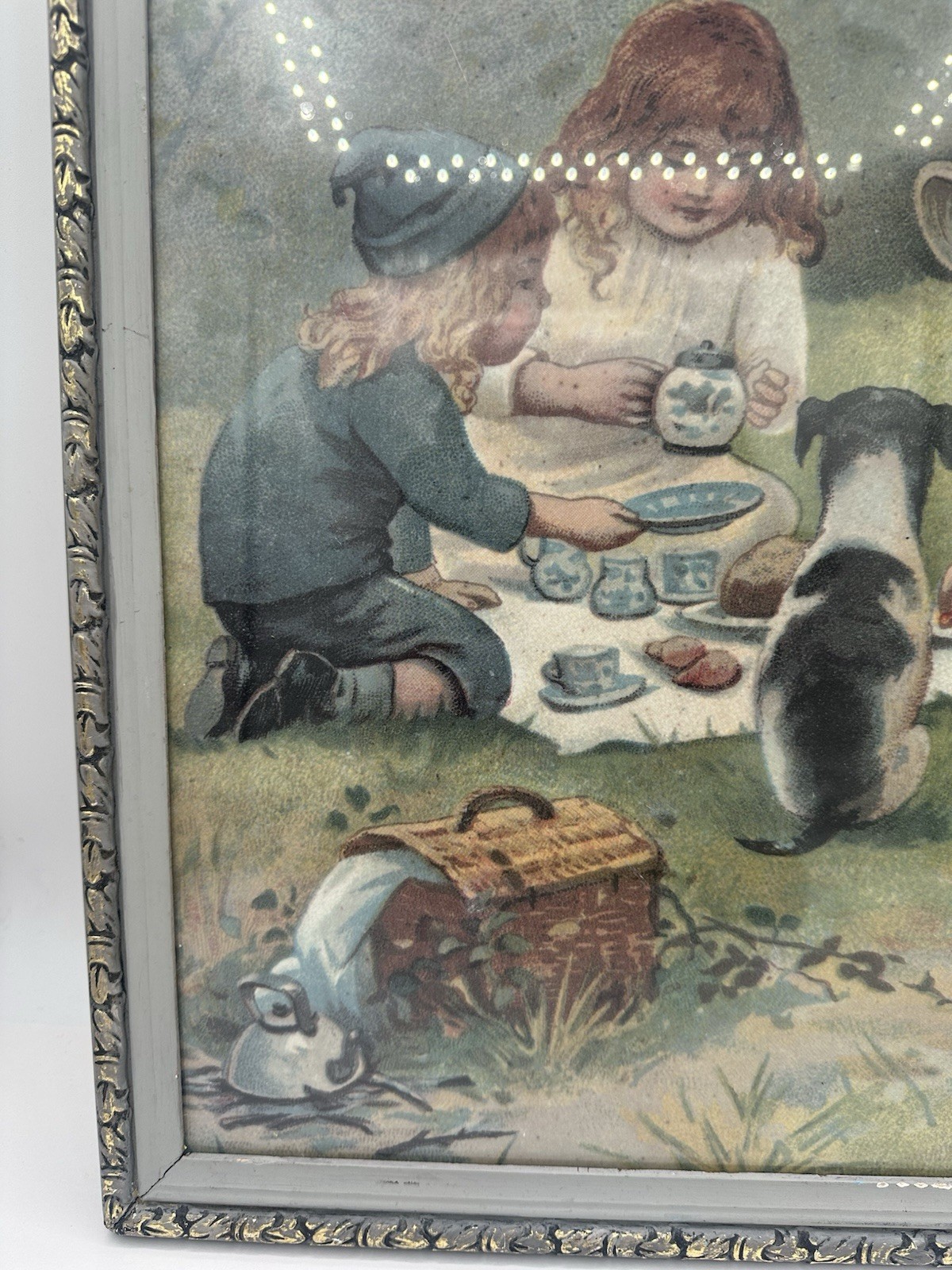 Litho Art Print Victorian Children Playing Tea Party Framed