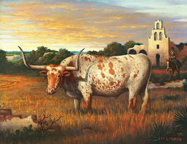 Western LONGHORN SAN ANTONIO VAQUERO MISSION ESPADA 13X19 PRINT by Lee Casbeer