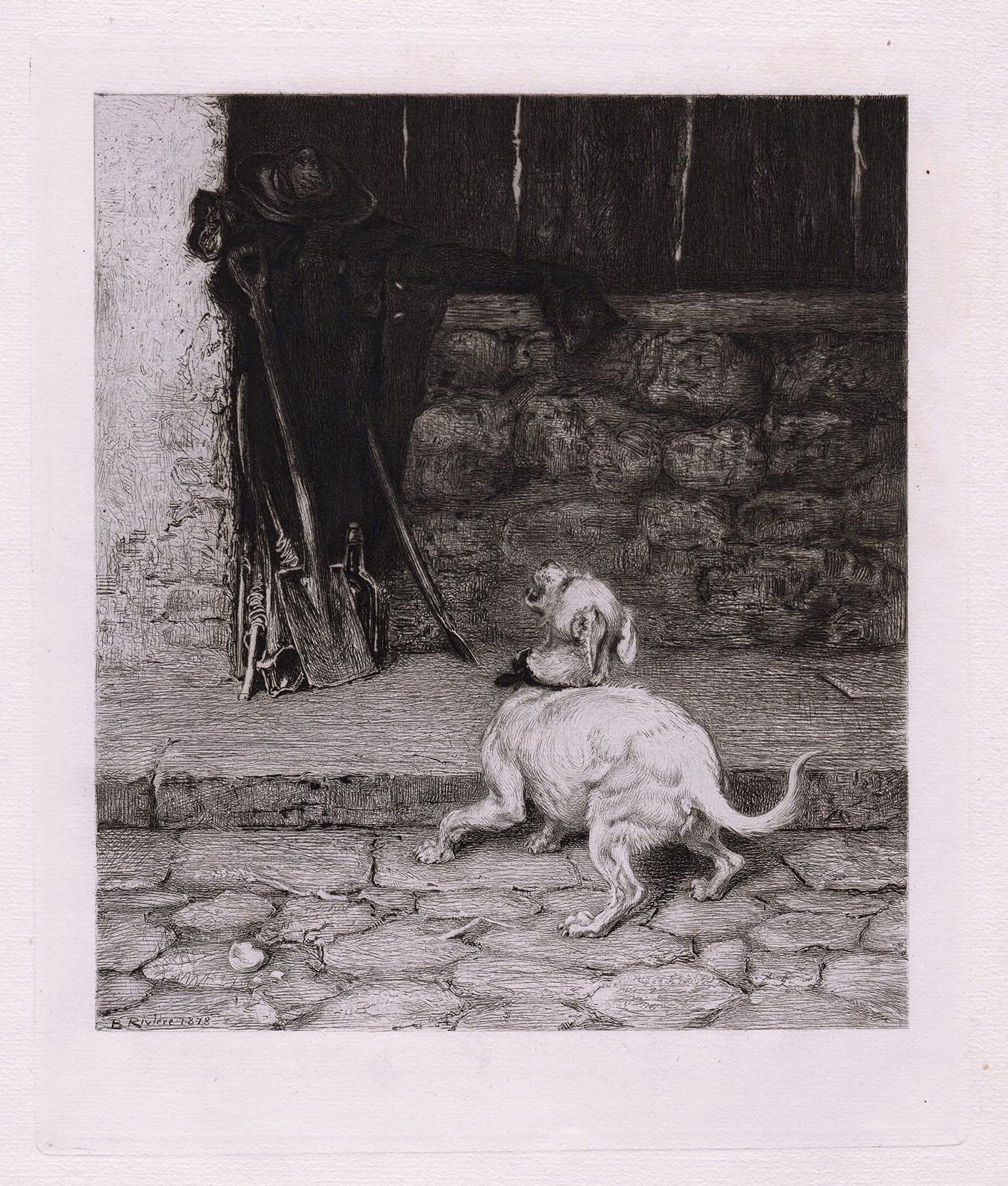 Incredible BRITON RIVIERE 1800s Etching “An Amrious Moment” Signed FRAMED COA