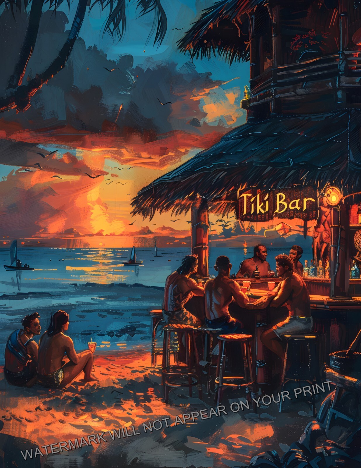 Tiki Bar Hawaiian Beach Romantic Tropical Sunset Mid Century Art Print 8.5X11