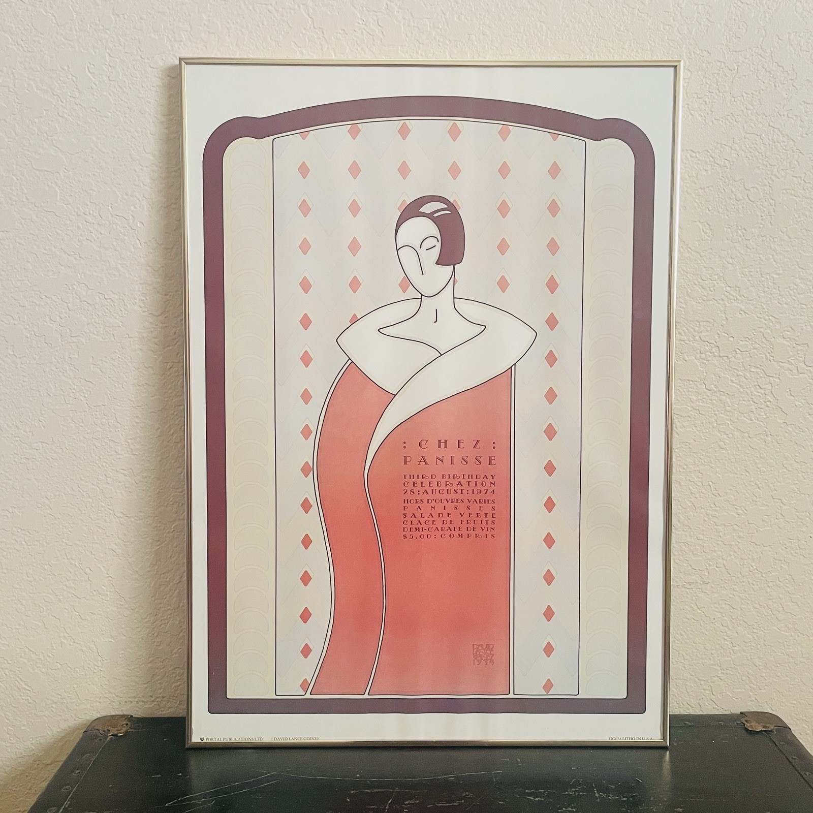 DAVID LANCE GOINES Large 1974 Art Deco Chez Panisse 3rd Anniversary Litho Framed