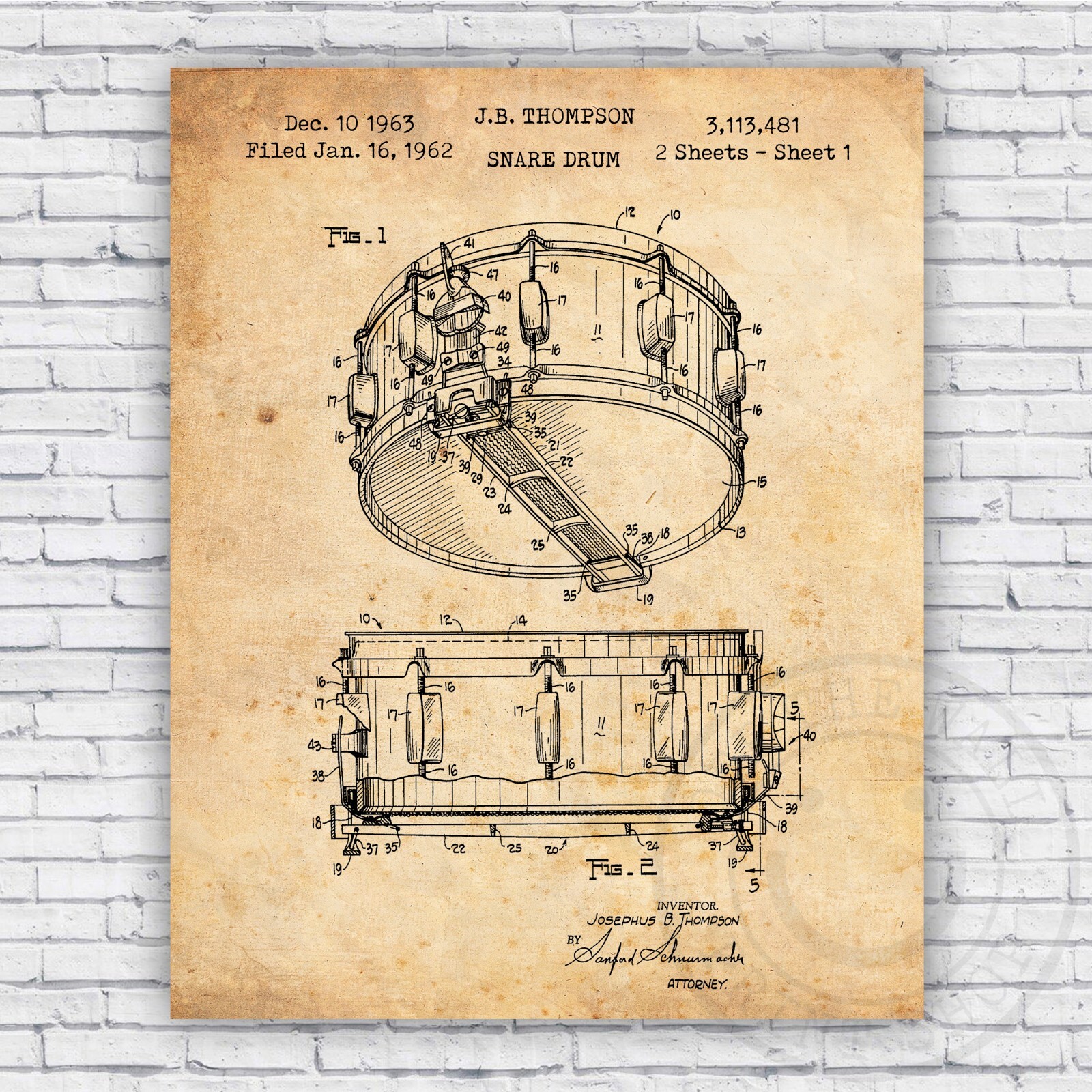 Snare Drum Percussion Patent Wall Art Print Decor – Size Options