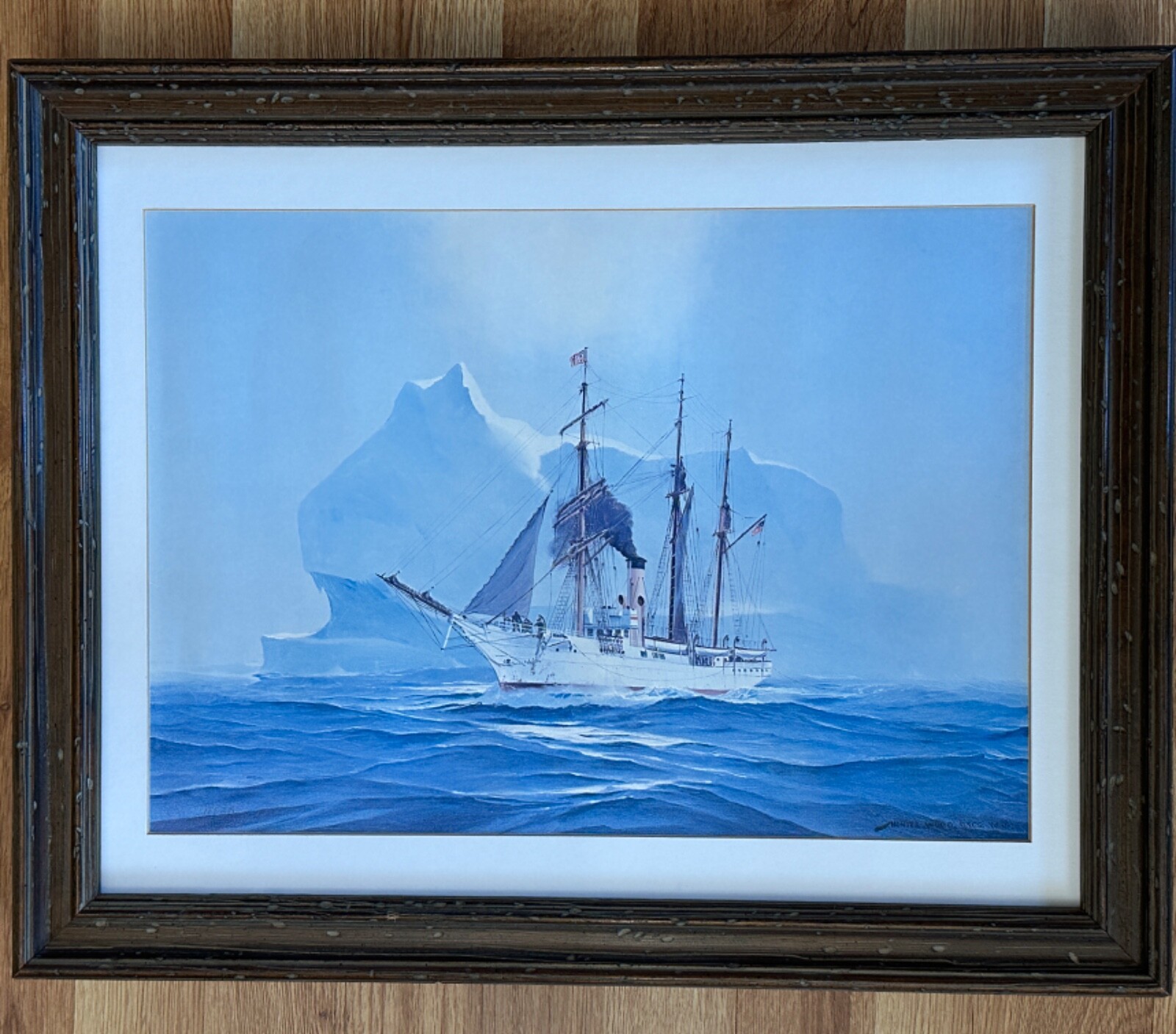 HUNTER WOOD 1940’S USCG SAILING NEAR ICEBERG LITHO PRINT FRAMED 16.25″ X 20.5″