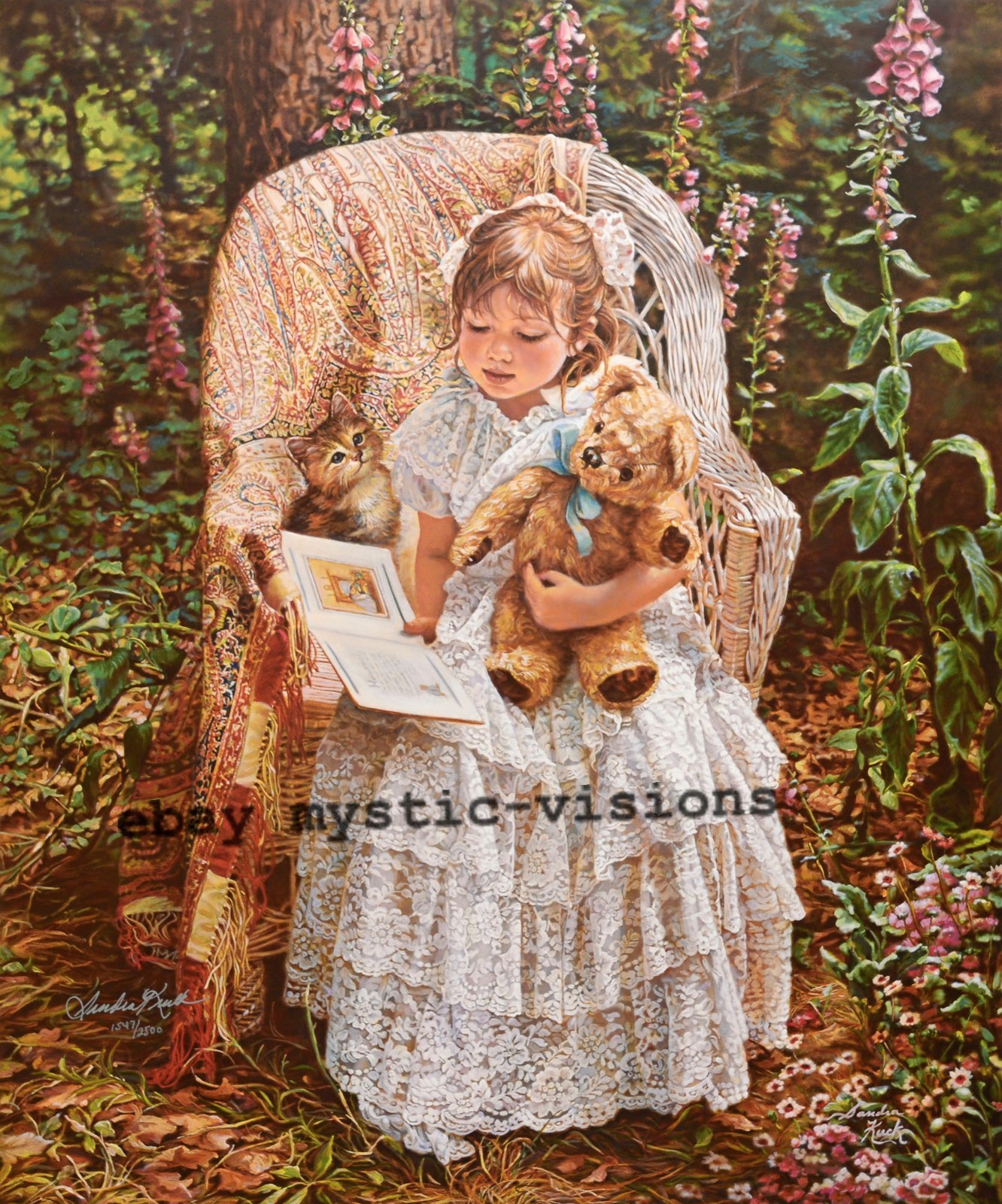 READING TO THEODORE Sandra Kuck Signed Numbered w/coa Girl Cat Teddy Bear Print