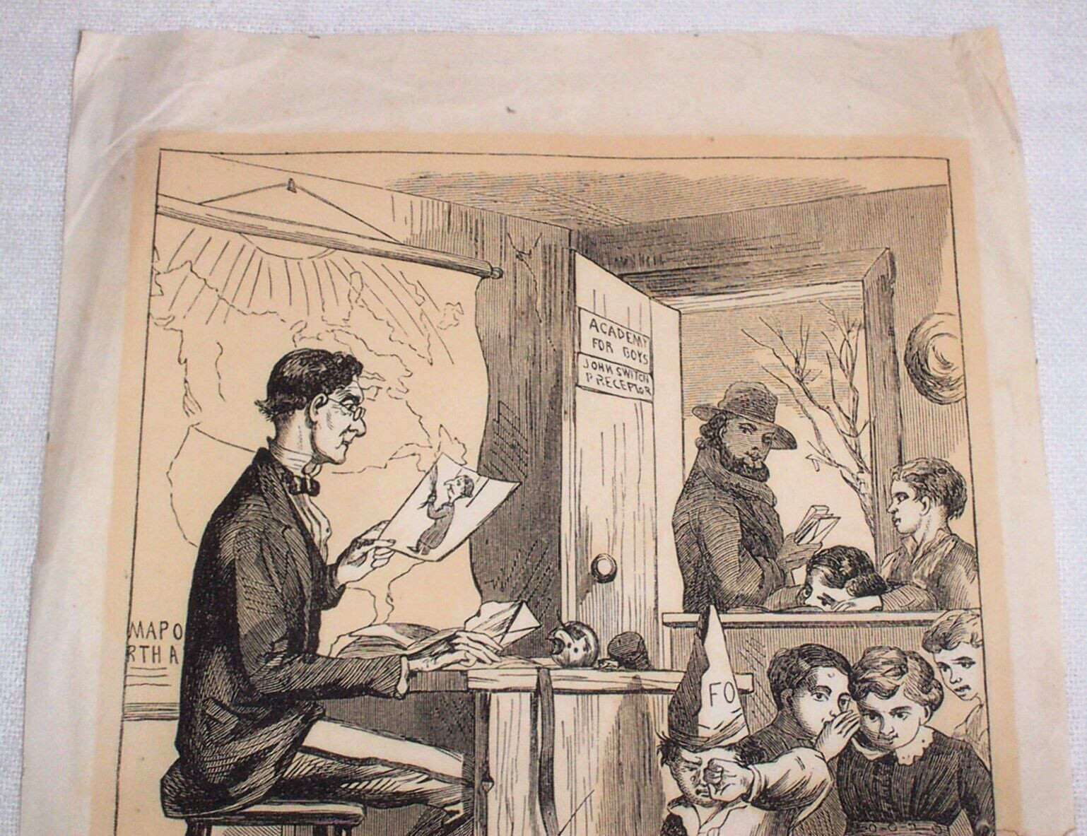 ca.1880 School Boys Corporal Punishment , original antique print , Discipline