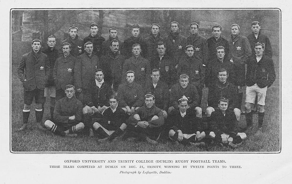 OXFORD & TRINITY COLLEGE DUBLIN Rugby Football Teams – Antique Print 1903