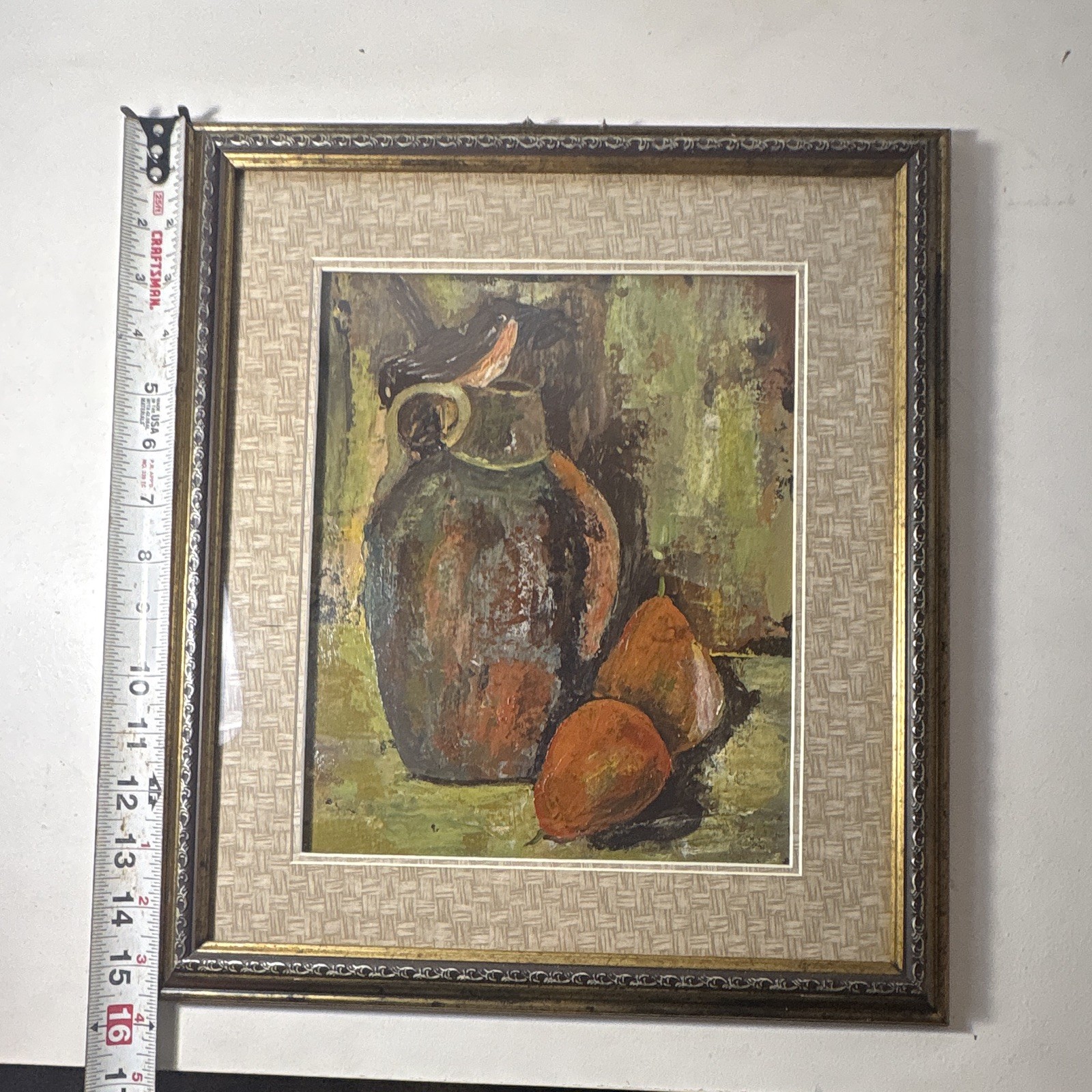 Vintage Mid Century Expressionist Still Life Oil Painting Jug Pears Bird Framed