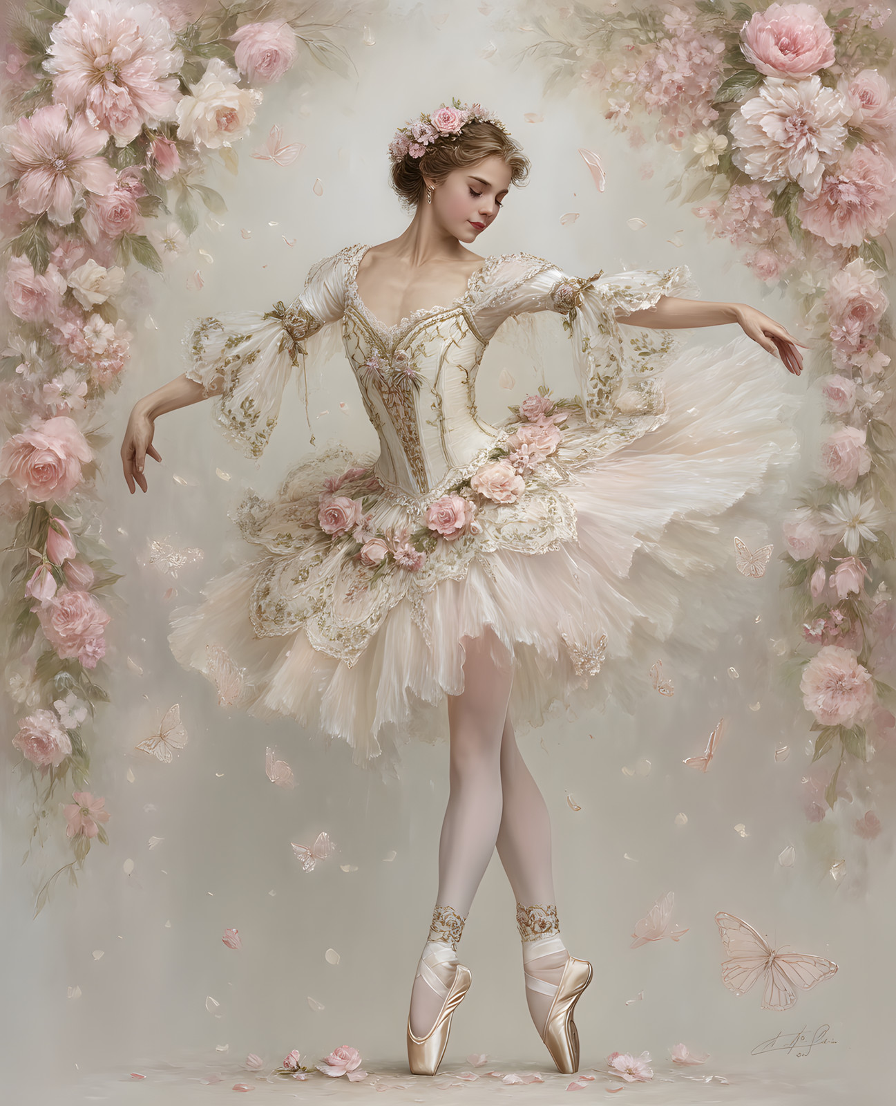8×10 Ballerina in White Tutu with Pink Flowers Art Print – 208707060