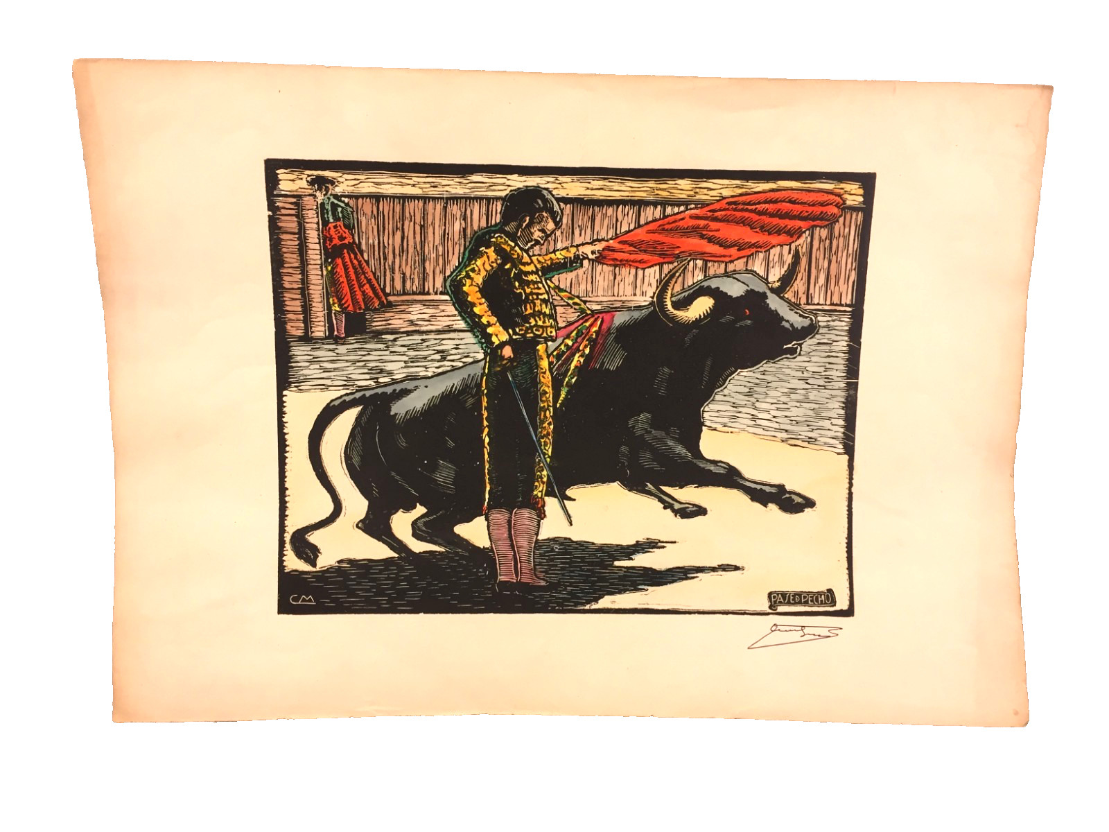Bullfighting Print Signed Pased Pecho Small Tears on Edge Slight Creases #1/2