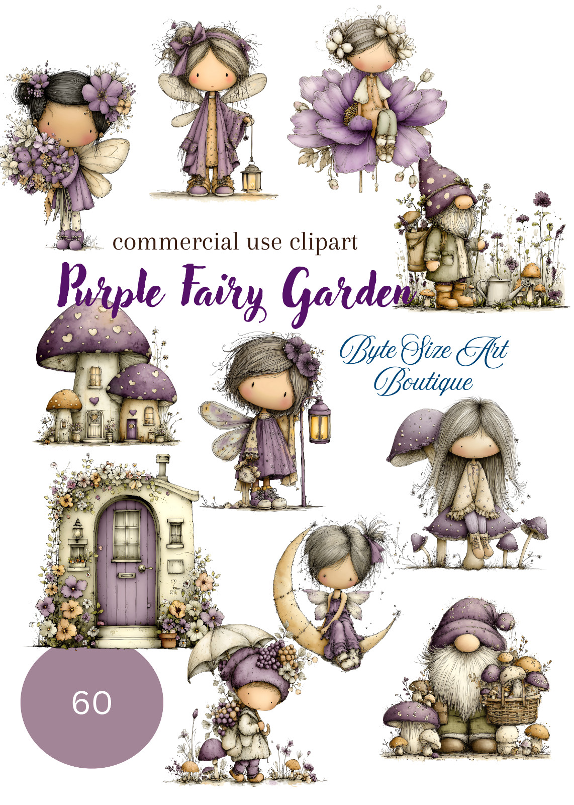 Purple Fairy Garden PNG Clipart Bundle – 60 Prints| Digital Download