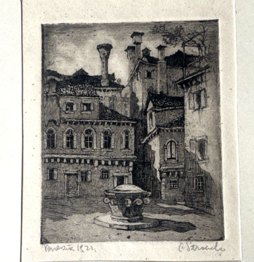 Antique Venetian Etching Signed C. Strache (Strachel?)Venice Architectural Scene