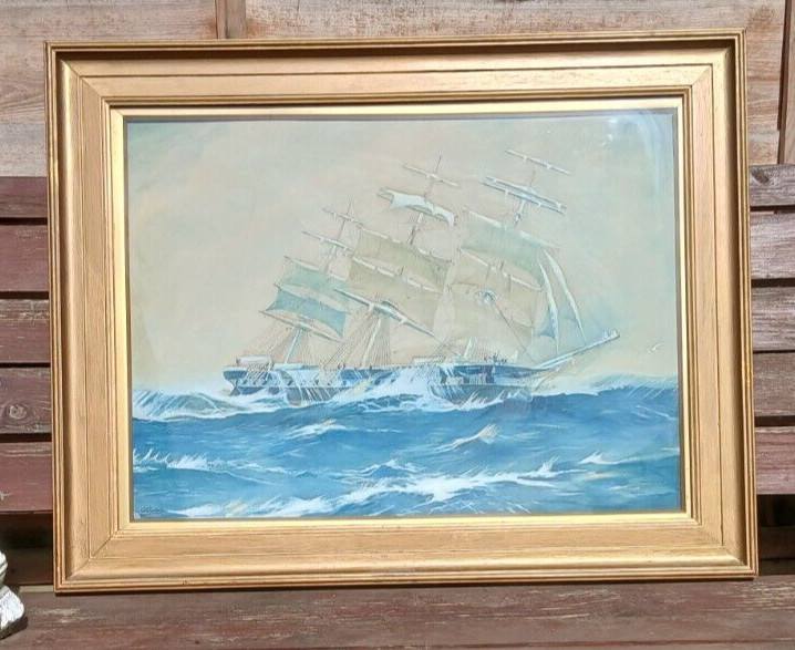 Framed Picture Of Clipper Ship “Sobraon” Built 1866 by Jack Spurling 1924